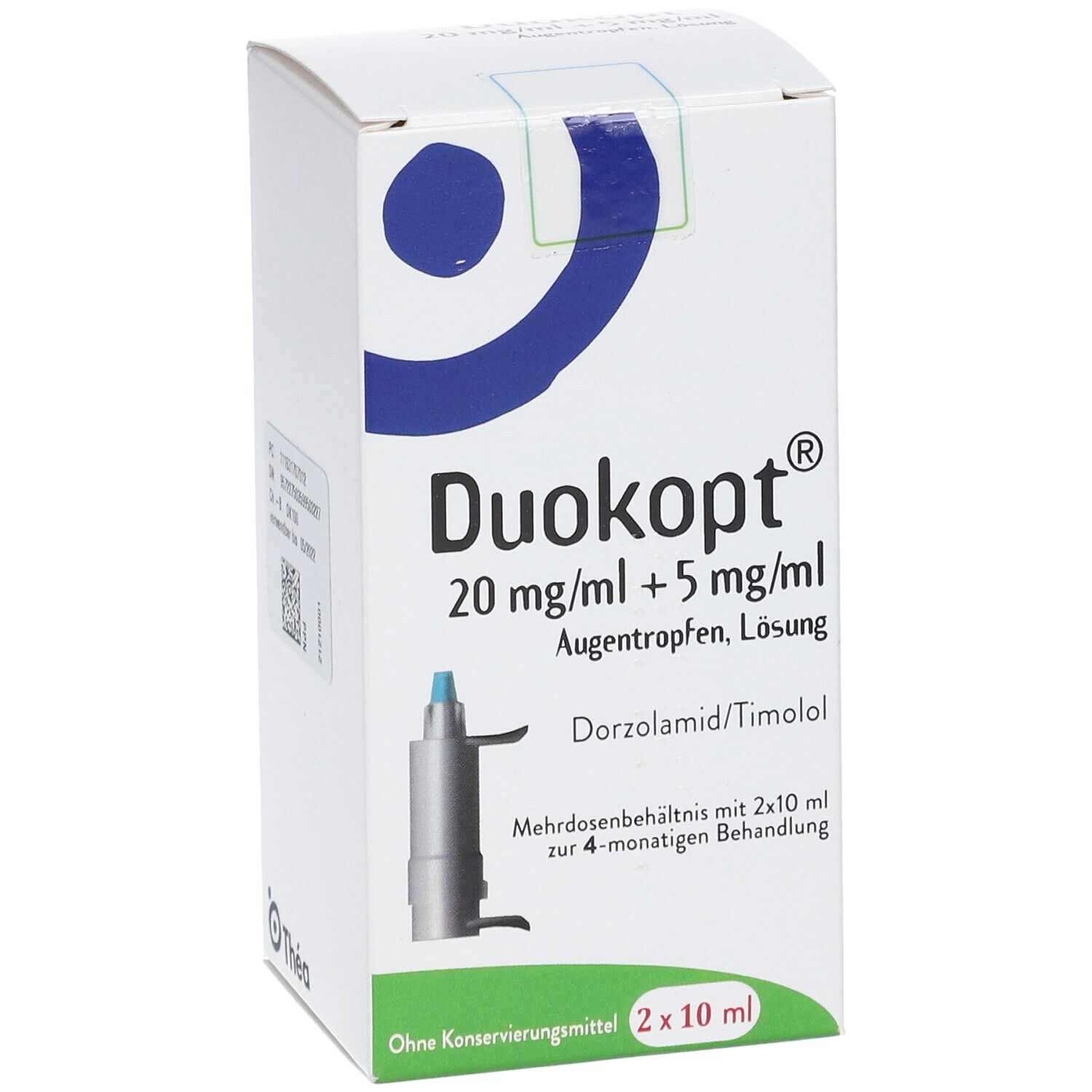 Weiße Faltschachtel. Aufdruck: Duokopt® 20 mg/ml + 5 mg/ml Augentropfen, Lösung. Enthält Dorzolamid/Timolol. 2 x 10 ml. Thea Logo.