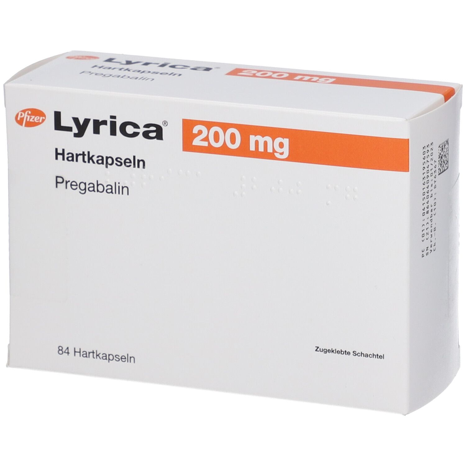 Weiße Faltschachtel mit orangefarbenem Streifen. Aufschrift: Lyrica 200 mg Hartkapseln, Pregabalin. 84 Hartkapseln. Pfizer Logo.