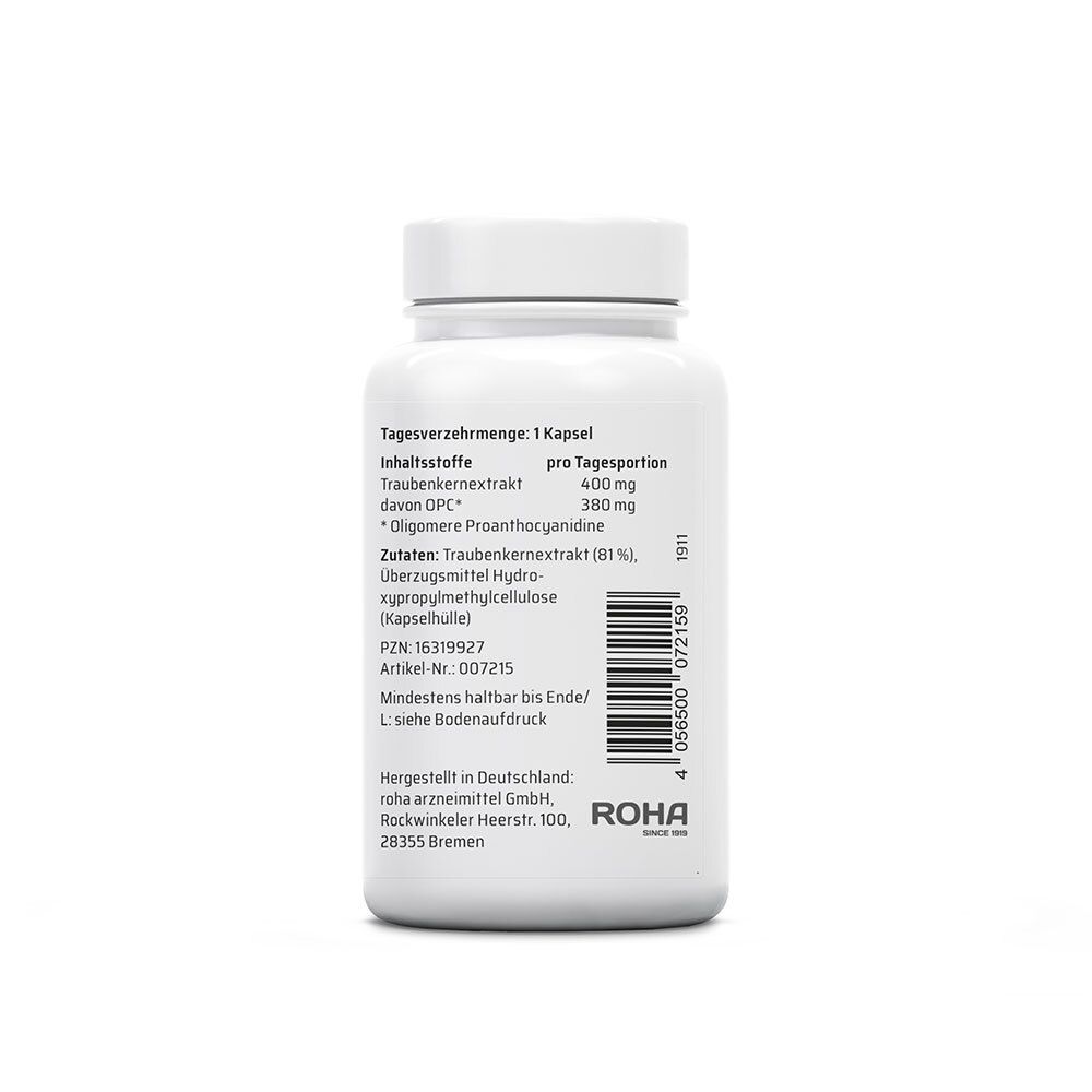Rückseite der Flasche mit Inhaltsstoffen. Text: Tagesverzehrmenge, Inhaltsstoffe, hergestellt in Deutschland, PZN-Nummer, Artikelnummer.