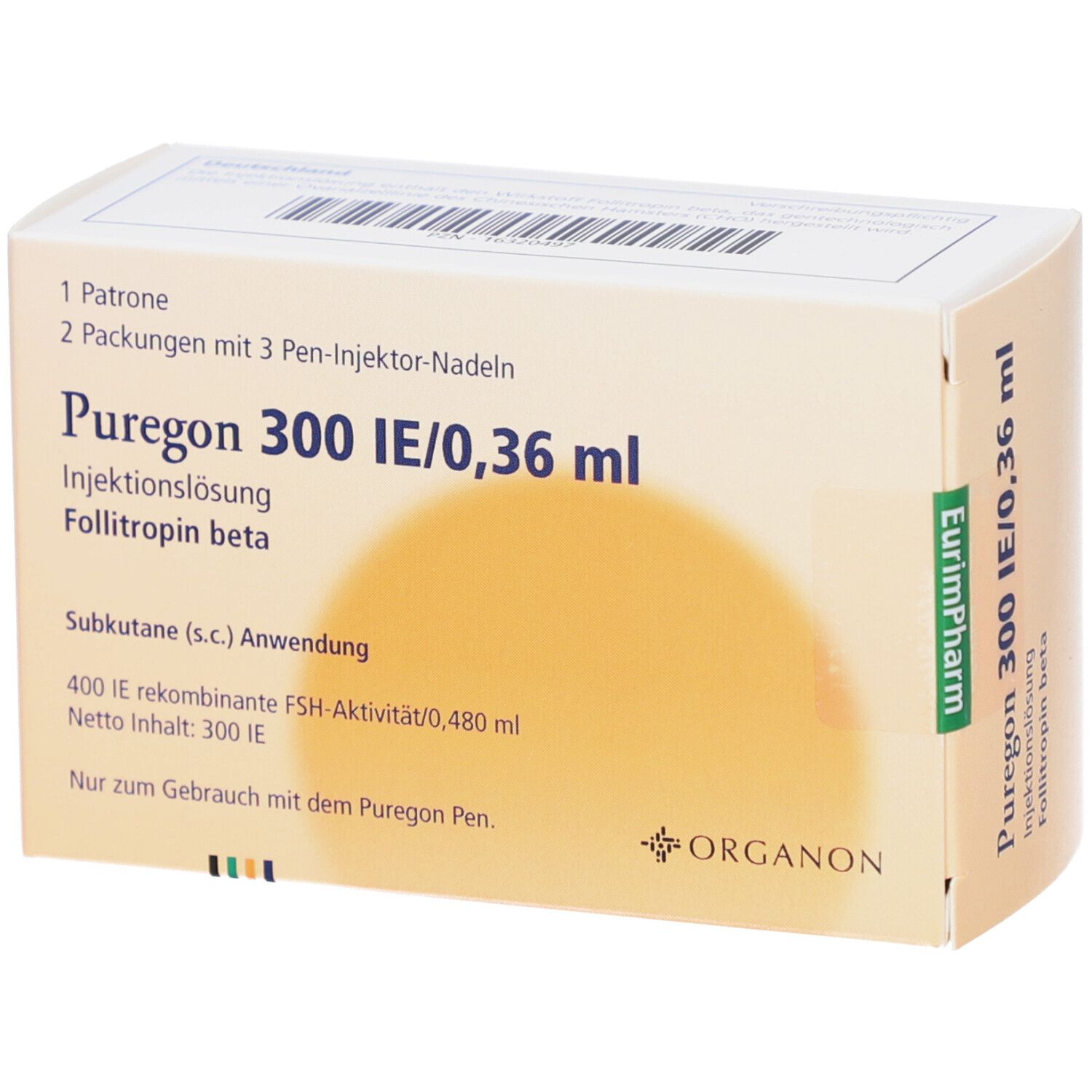 Karton mit Produktinformationen. Beschriftung: Puregon 300 IE/0,36 ml, Injektionslösung, Follitropin beta. Enthält 1 Patrone, 2 Pen-Injektor-Nadeln.