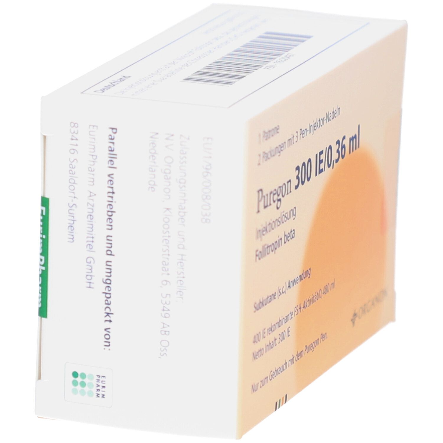 Schräg gestellte Produktverpackung. Beschriftung: Puregon 300 IE/0,36 ml. Enthält 1 Patrone, 2 Pen-Injektor-Nadeln. Hersteller: EurimPharm Arzneimittel GmbH.