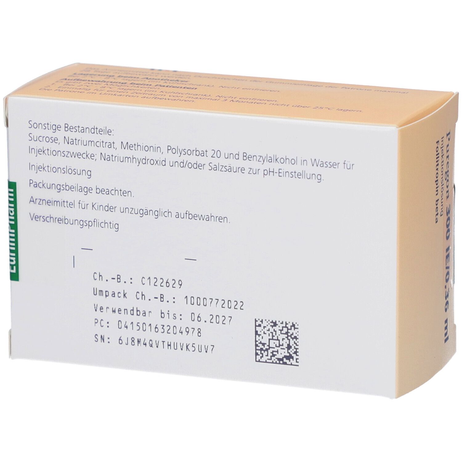 Rückseite der Produktverpackung. Enthält Informationen zu Inhaltsstoffen, Chargennummer, Verfallsdatum und Herstellerinformationen.
