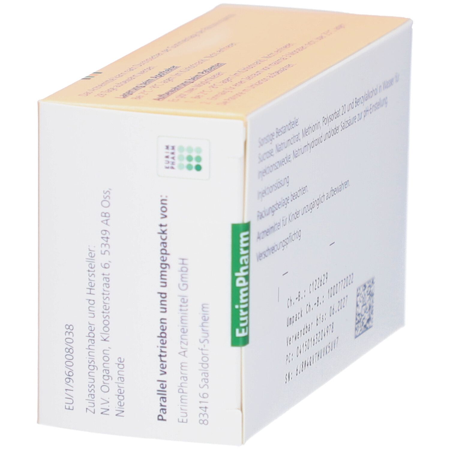 Schräg gestellte Produktverpackung. Hersteller: EurimPharm Arzneimittel GmbH. Enthält Informationen zu Inhaltsstoffen, Chargennummer, Verfallsdatum.