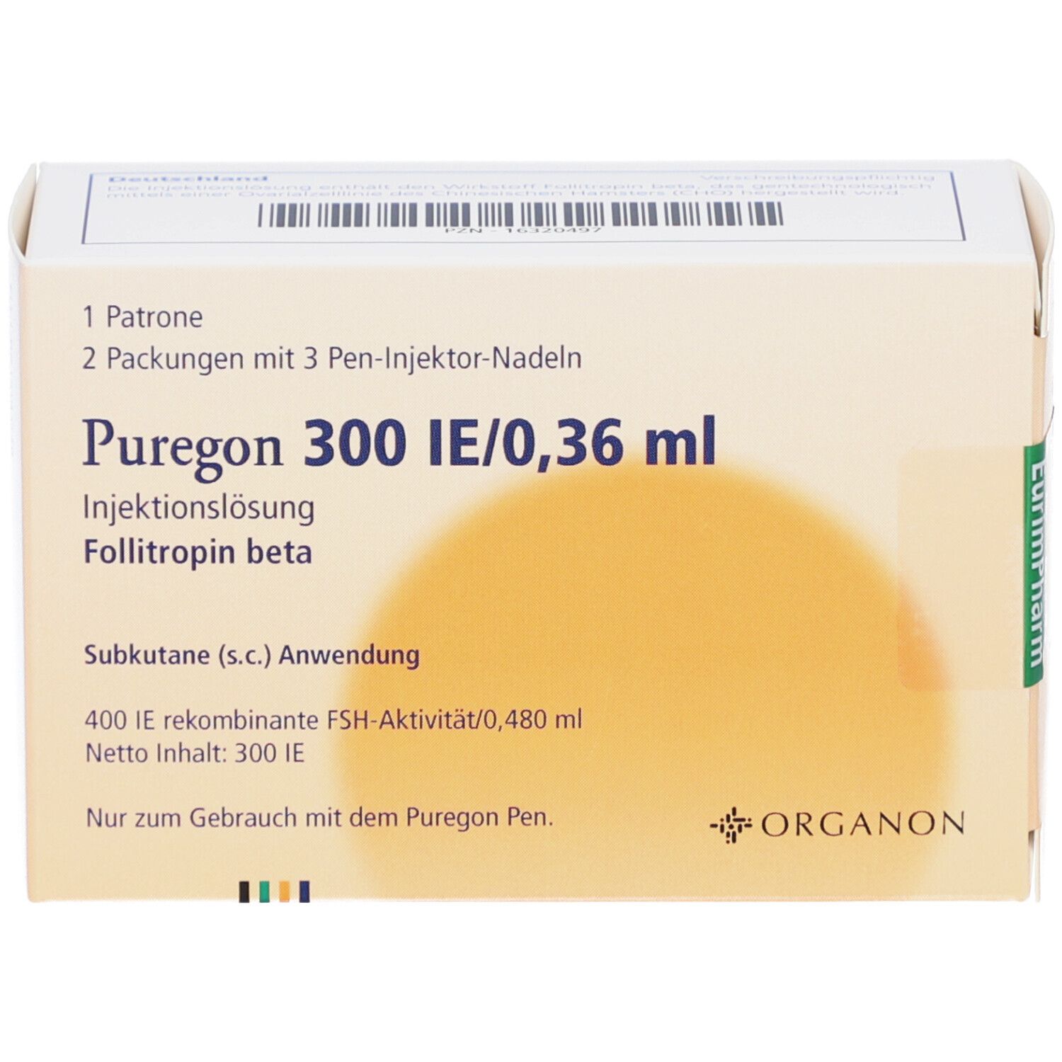 Produktverpackung mit Beschriftung: Puregon 300 IE/0,36 ml, Injektionslösung, Follitropin beta. Enthält 1 Patrone, 2 Pen-Injektor-Nadeln.