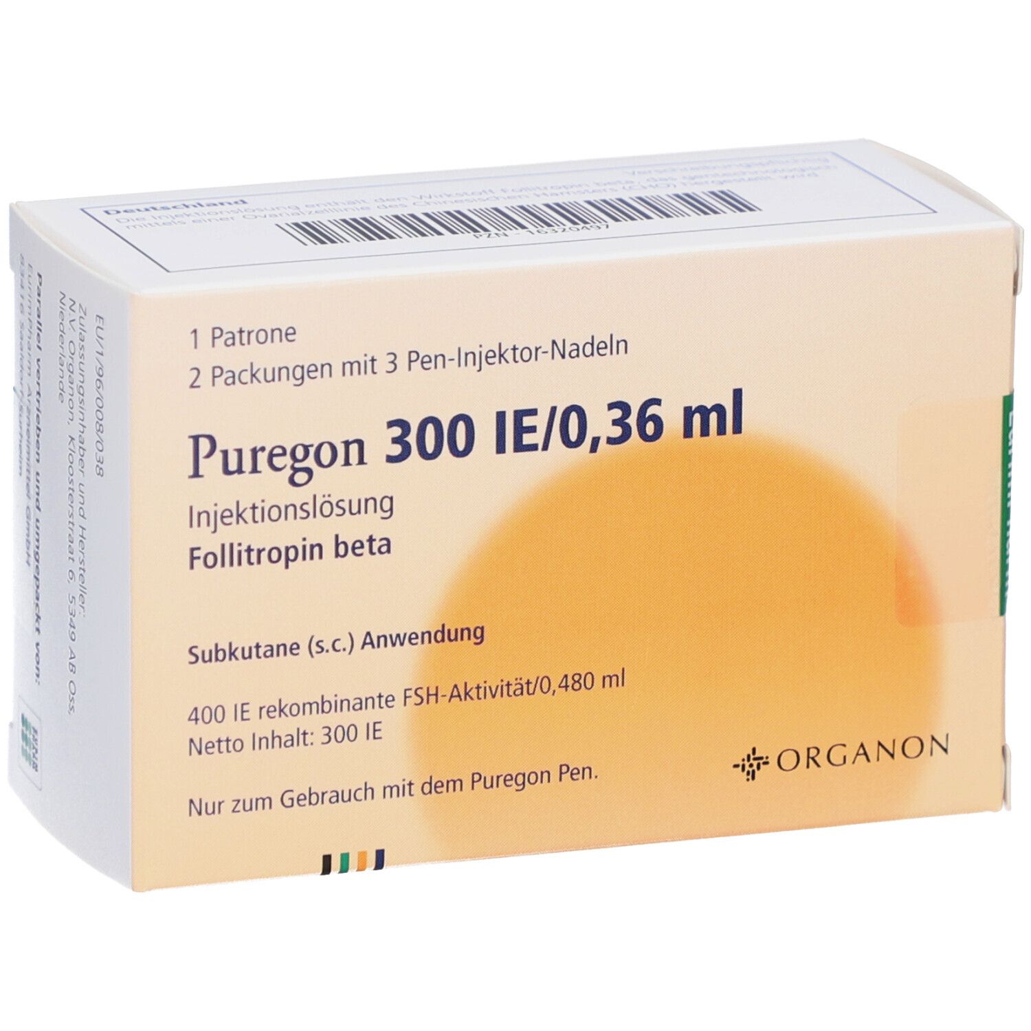 Produktverpackung mit Beschriftung: Puregon 300 IE/0,36 ml, Injektionslösung, Follitropin beta. Enthält 1 Patrone, 2 Pen-Injektor-Nadeln.