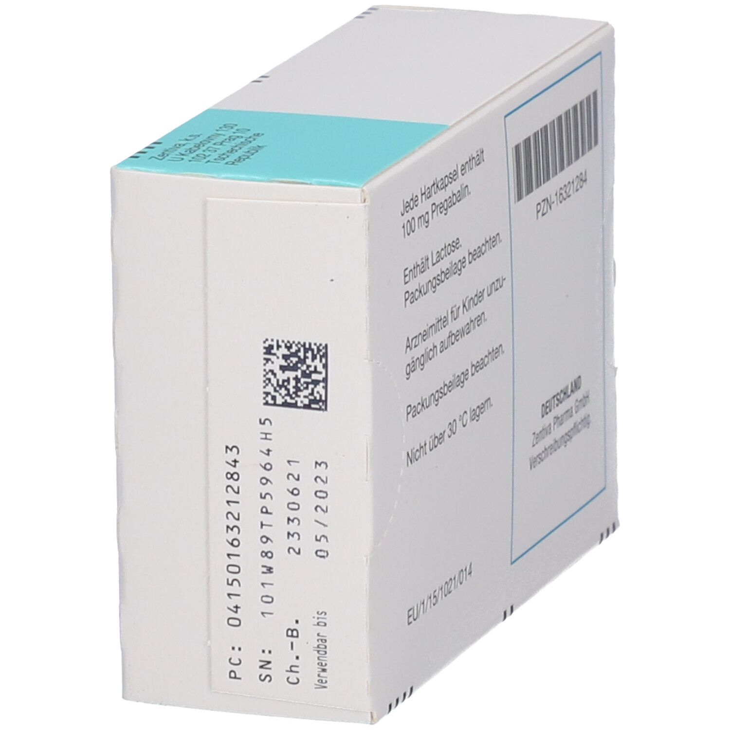 Rückseite der Schachtel PREGABALIN Zentiva 100 mg Hartkapseln. Text: Chargennummer, Verfallsdatum. EU-Kennzeichnung.