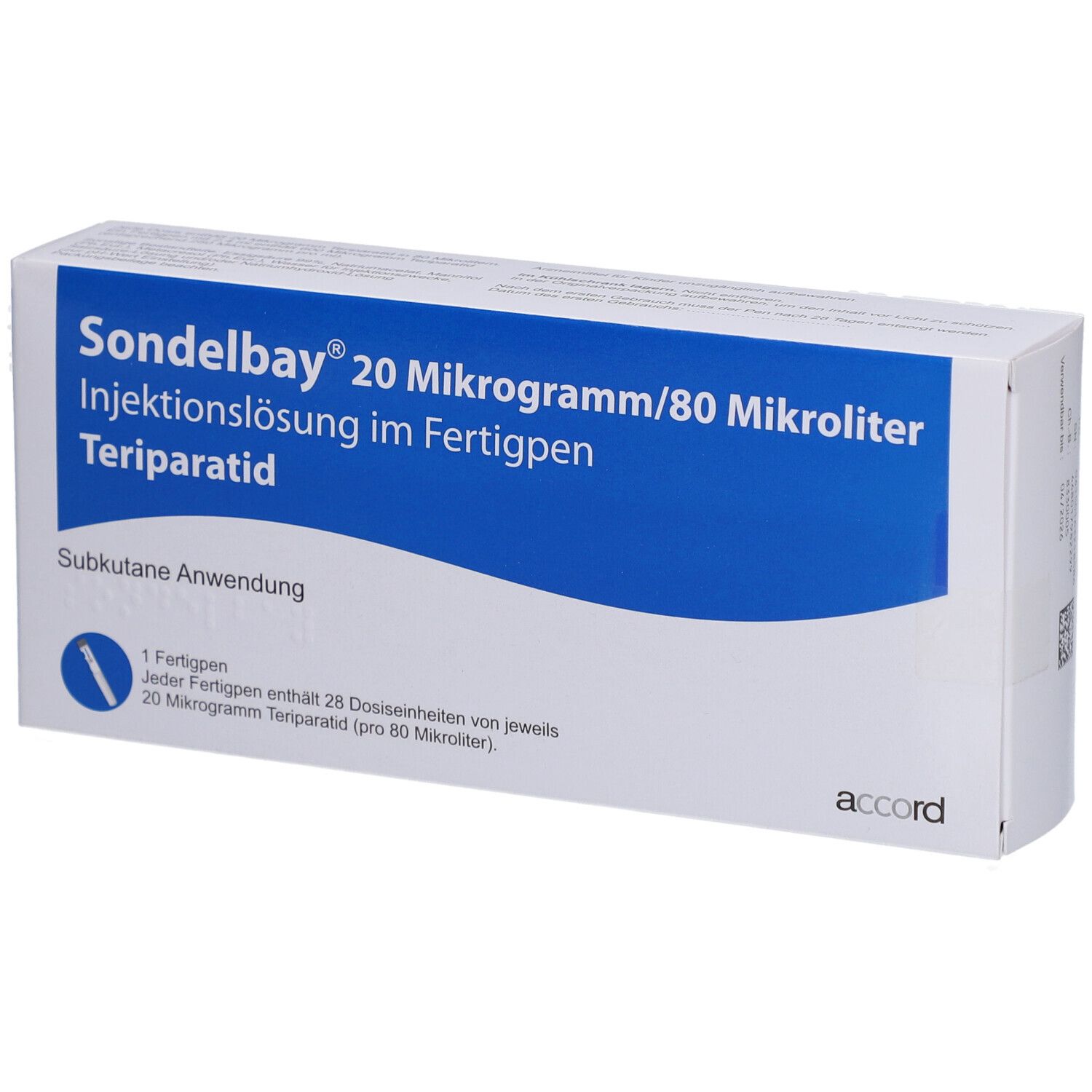 Karton von SONDELBAY 20 µg/80 µl Inj.-Lsg.im Fertigpen. Blaue und weiße Verpackung mit Produktnamen und Dosierung. Accord-Logo.