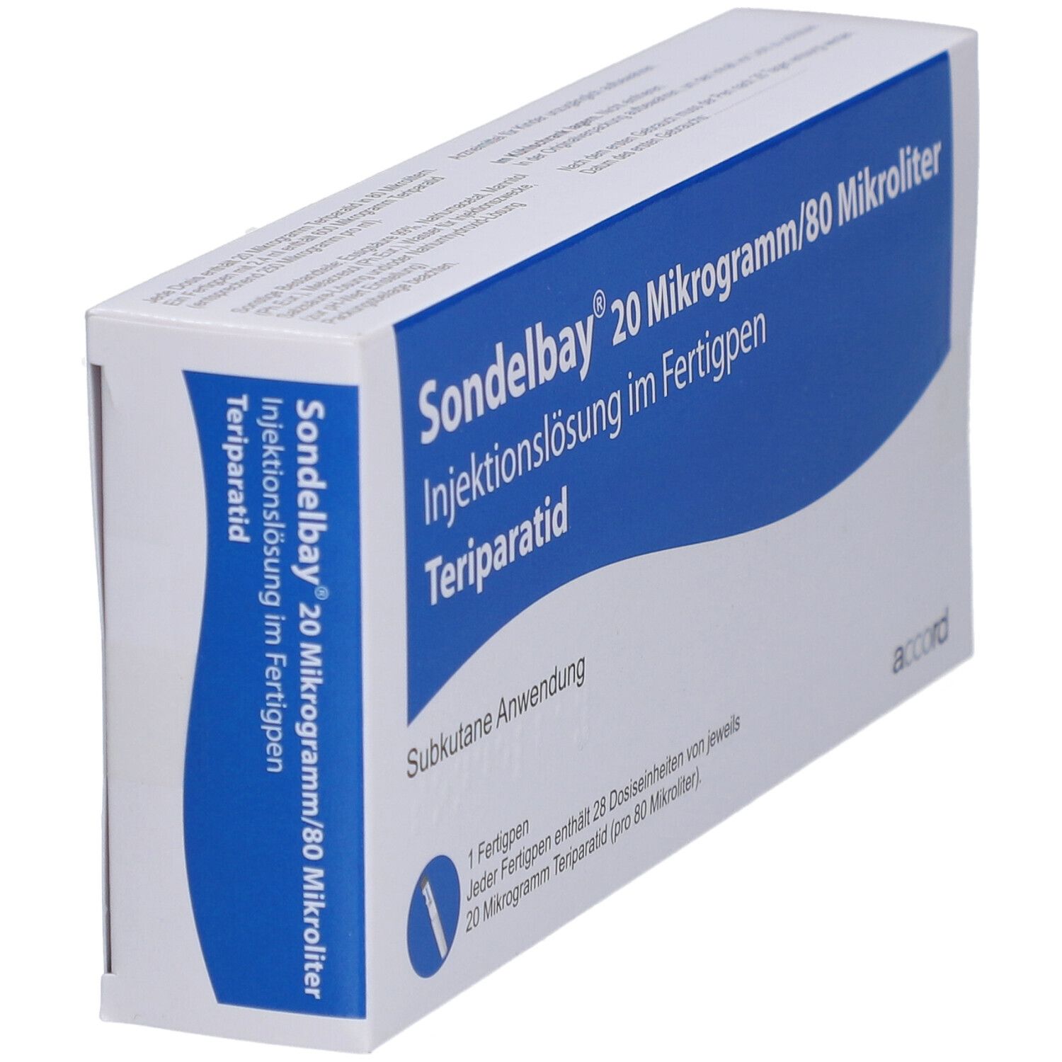 Schräg gestellte Verpackung von SONDELBAY 20 µg/80 µl Inj.-Lsg.im Fertigpen. Blaue und weiße Schachtel mit Produktinformationen. Accord-Logo.
