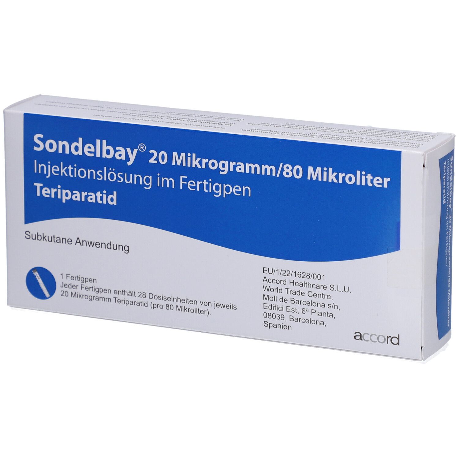 Karton von SONDELBAY 20 µg/80 µl Inj.-Lsg.im Fertigpen. Blaue und weiße Verpackung mit Produktnamen und Dosierung. Accord-Logo und Kontaktinformationen.