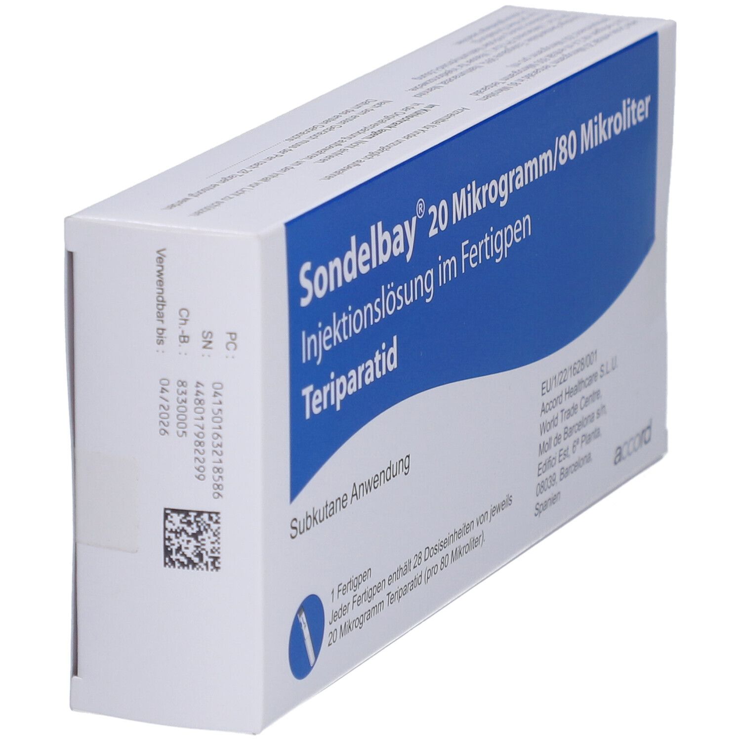 Schräg gestellte Verpackung von SONDELBAY 20 µg/80 µl Inj.-Lsg.im Fertigpen. Blaue und weiße Schachtel mit Produktinformationen und Barcode. Accord-Logo.