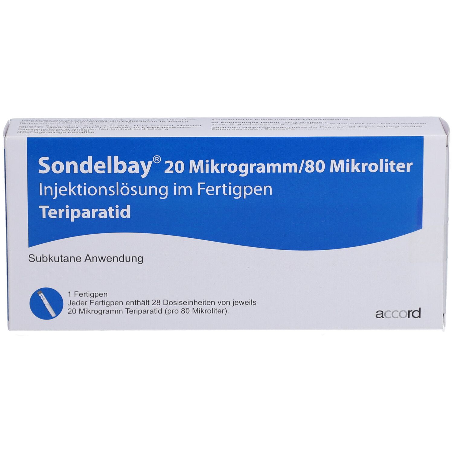 Karton von SONDELBAY 20 µg/80 µl Inj.-Lsg.im Fertigpen. Blaue und weiße Verpackung mit Produktnamen und Dosierung. Accord-Logo.