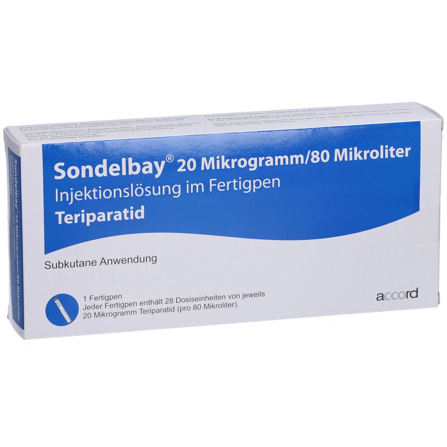 Karton von SONDELBAY 20 µg/80 µl Inj.-Lsg.im Fertigpen. Blaue und weiße Verpackung mit Produktnamen und Dosierung. Accord-Logo.