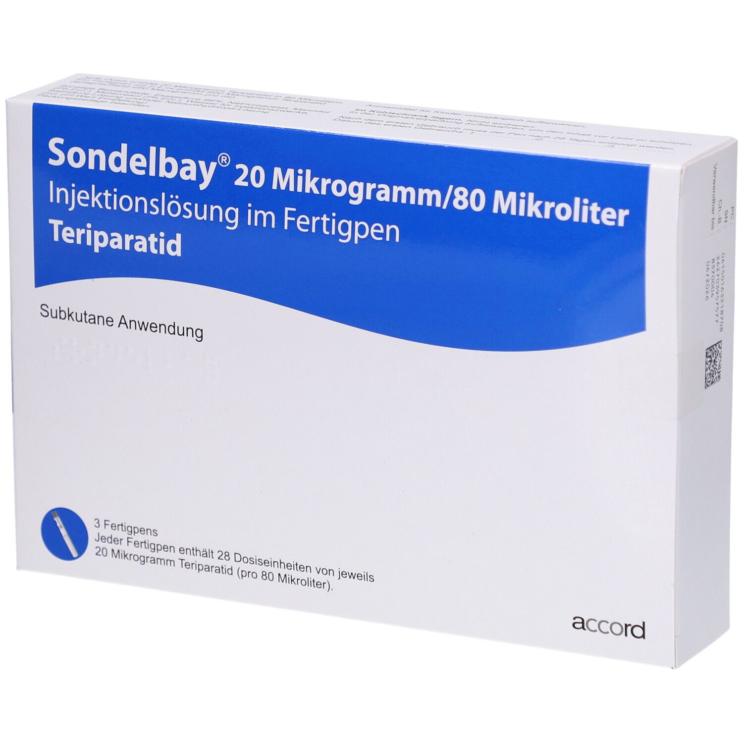 Verpackung von SONDELBAY 20 µg/80 µl Inj.-Lsg.im Fertigpen. Weißer Karton mit blauem Streifen und Produktinformationen.