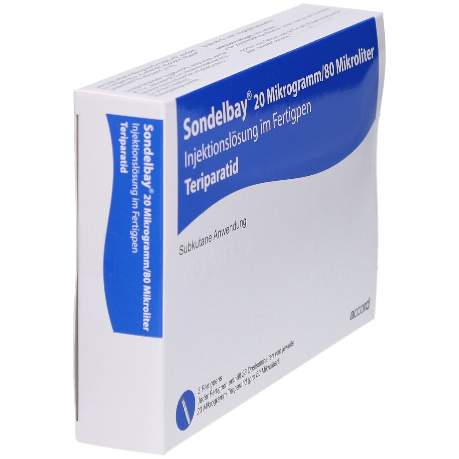 Schrägansicht der SONDELBAY 20 µg/80 µl Inj.-Lsg.im Fertigpen Verpackung. Weißer Karton mit blauem Streifen und Produktnamen.