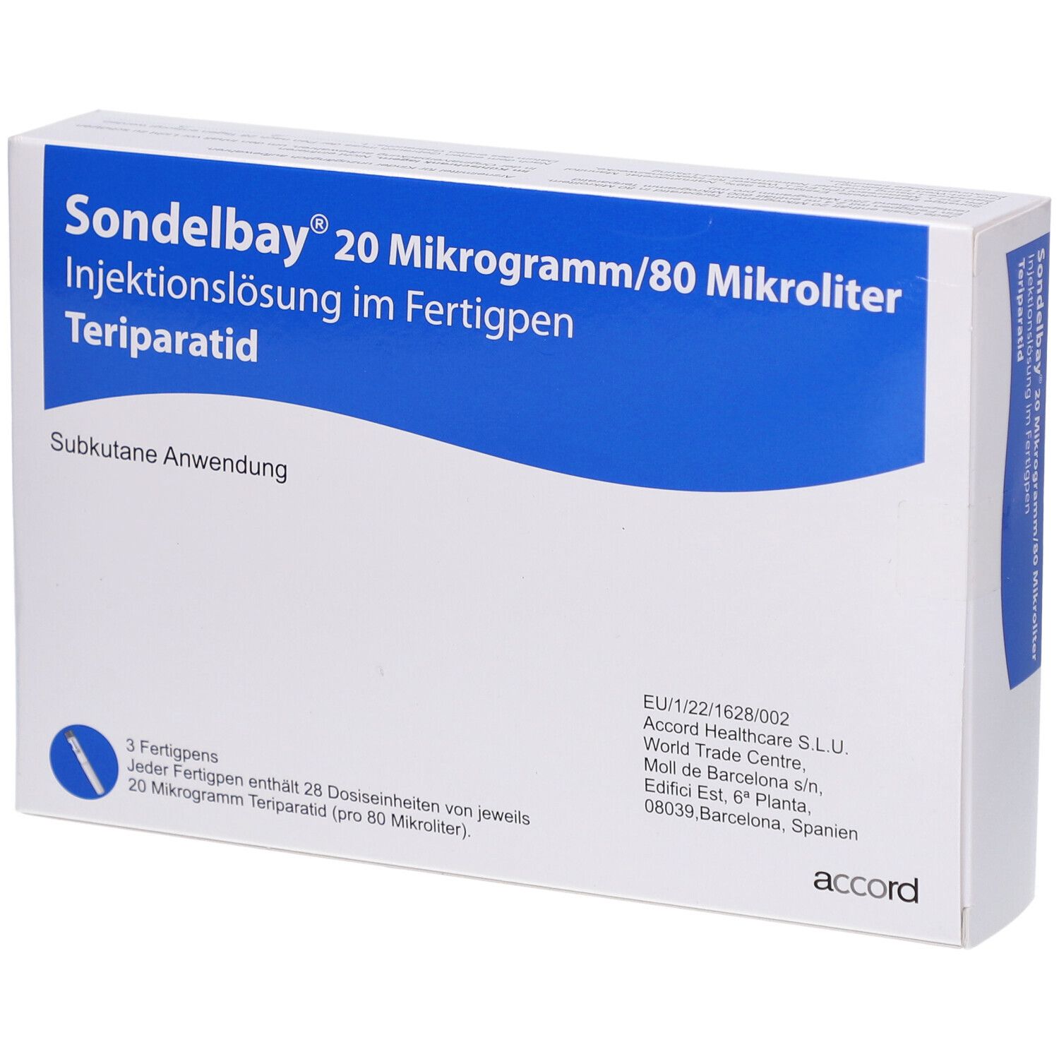 SONDELBAY 20 µg/80 µl Inj.-Lsg.im Fertigpen Verpackung. Weißer Karton mit blauem Streifen und Produktinformationen.