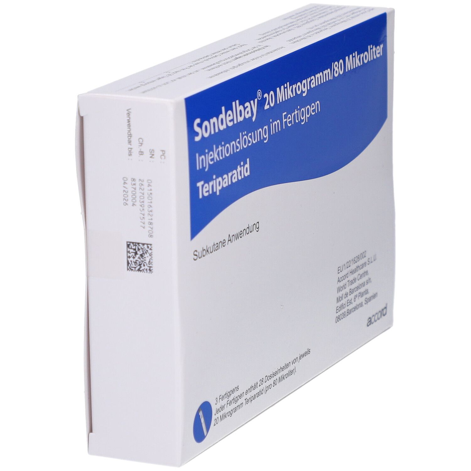 Schrägansicht der SONDELBAY 20 µg/80 µl Inj.-Lsg.im Fertigpen Verpackung. Details wie Chargennummer und Verfallsdatum.