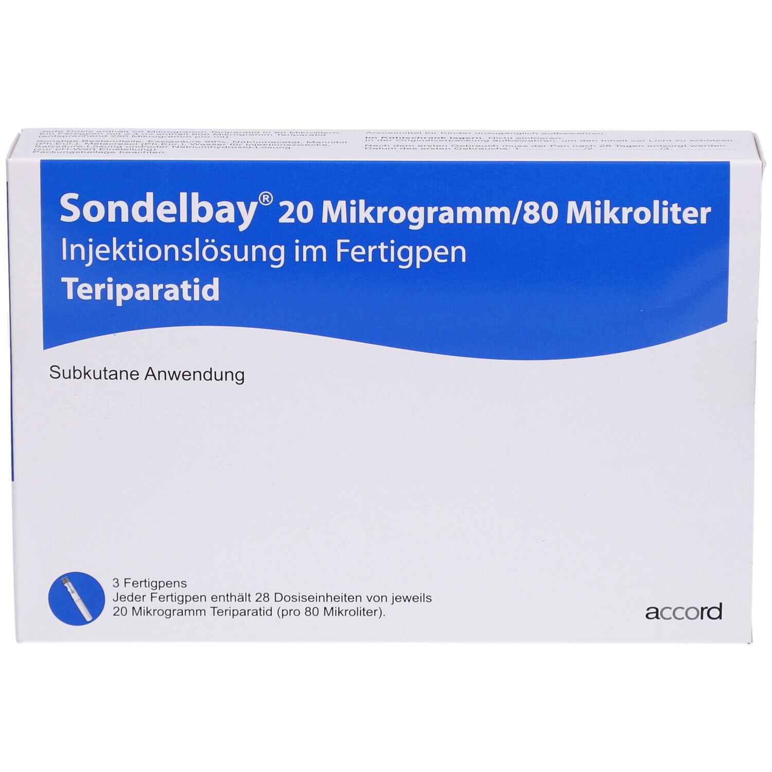 SONDELBAY 20 µg/80 µl Inj.-Lsg.im Fertigpen Verpackung. Weißer Karton mit blauem Streifen und Produktinformationen.
