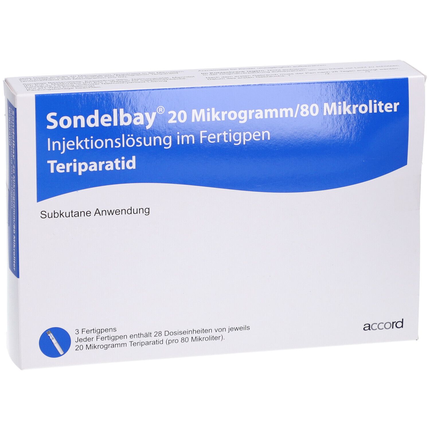 SONDELBAY 20 µg/80 µl Inj.-Lsg.im Fertigpen Verpackung. Weißer Karton mit blauem Streifen und Produktinformationen.