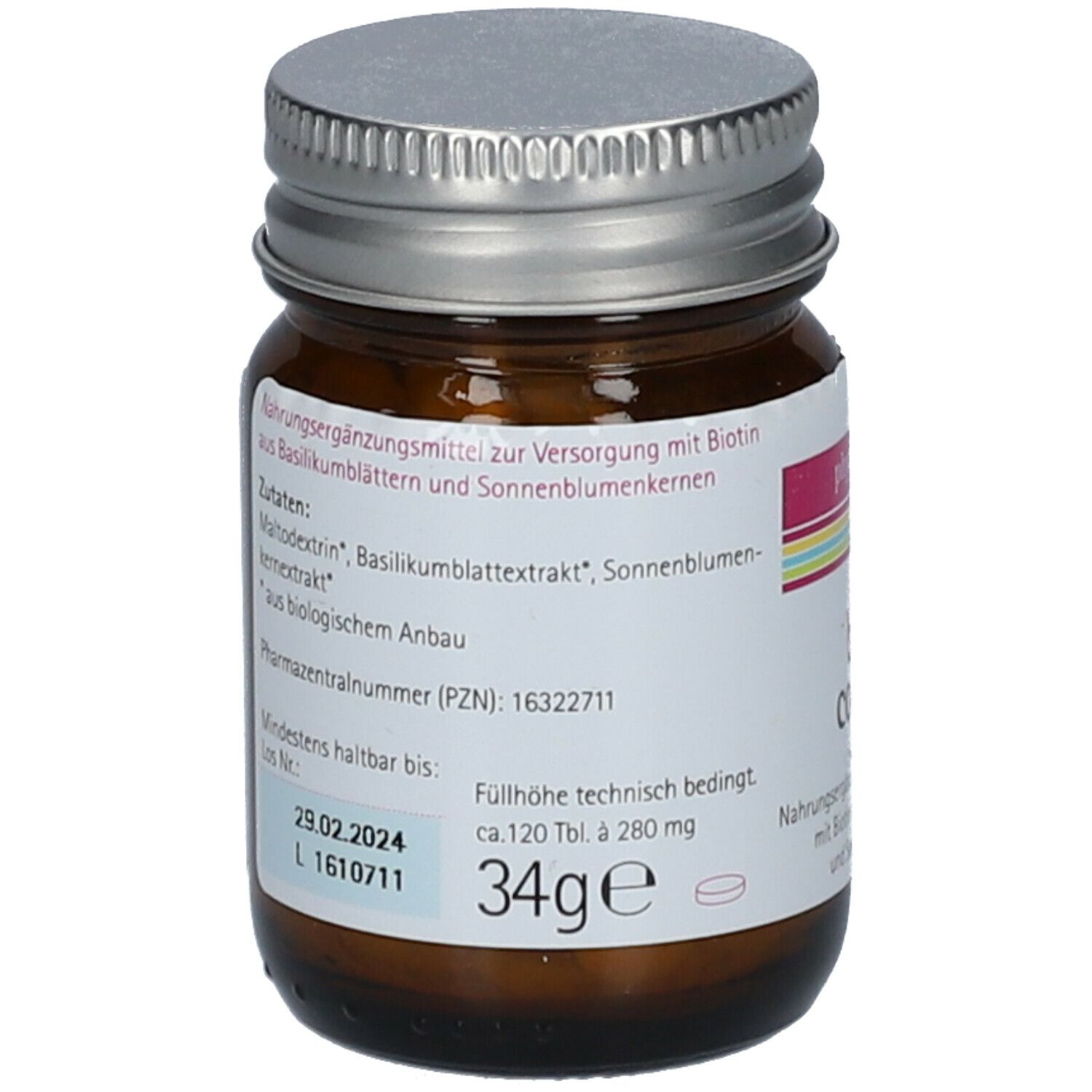 Rückseite einer braunen Glasflasche mit silbernem Deckel. Etikett mit Inhaltsstoffen und Haltbarkeitsdatum.