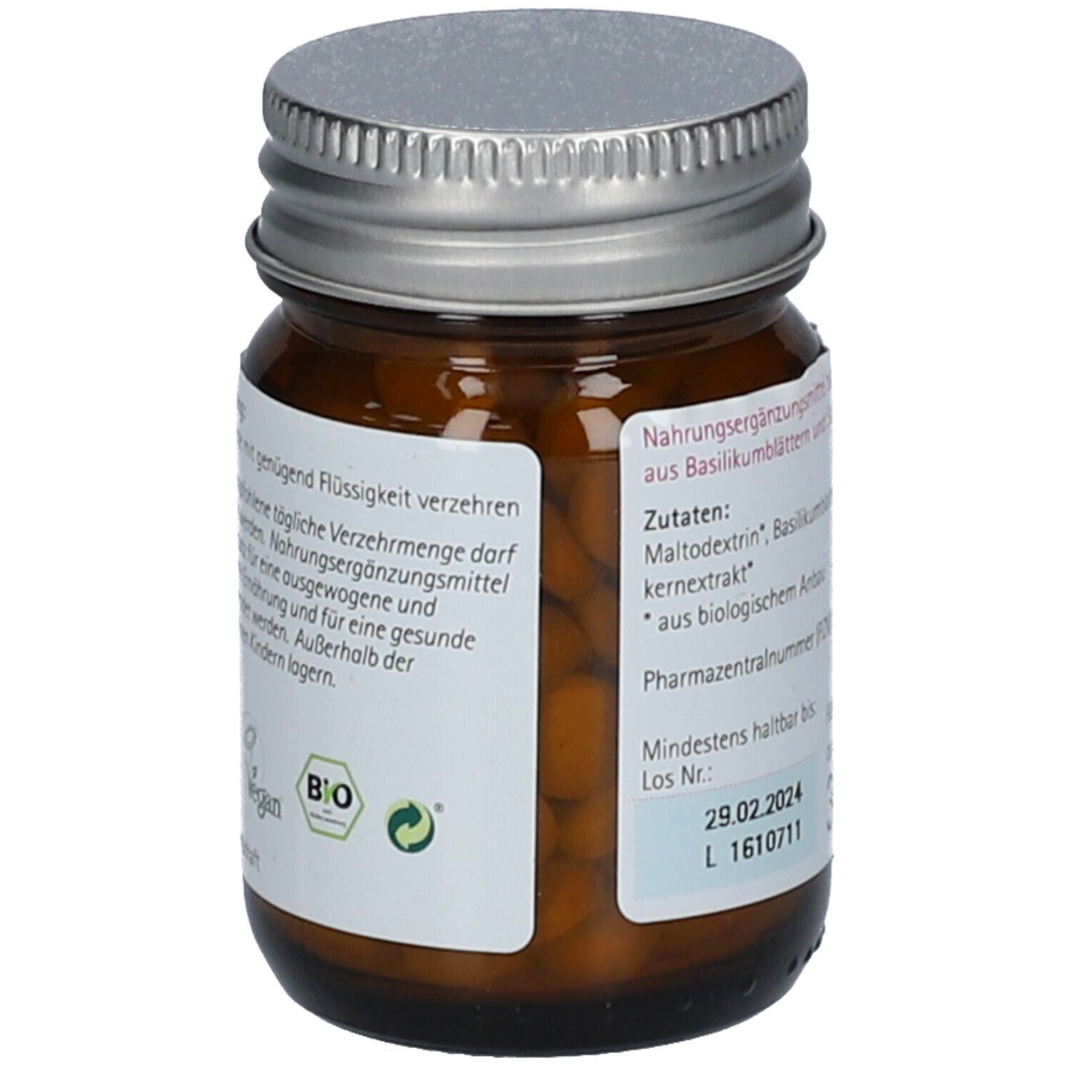 Braune Glasflasche mit silbernem Deckel. Etikett mit Inhaltsstoffen und Bio-Siegel.