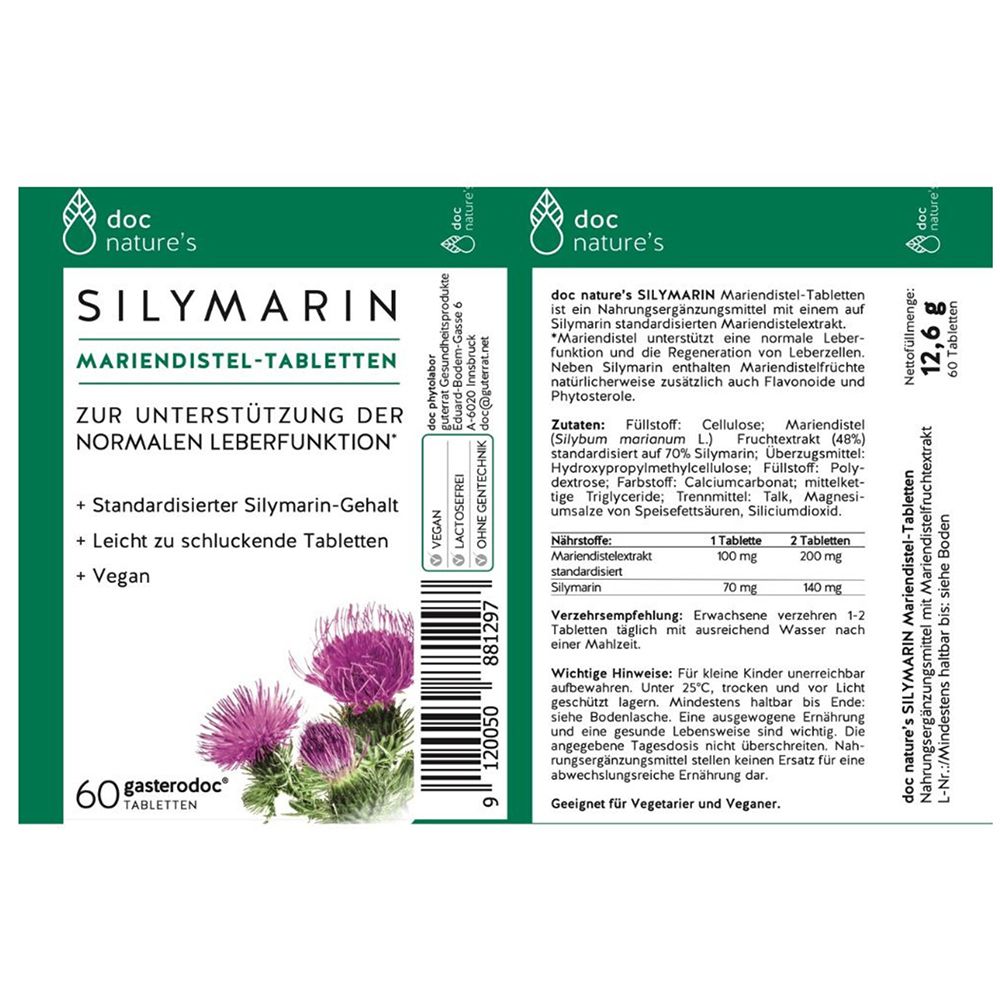 Packung und Blisterpackung mit Mariendistel-Tabletten, 60 Stück. Enthält eine Abbildung von zwei Distelblüten.