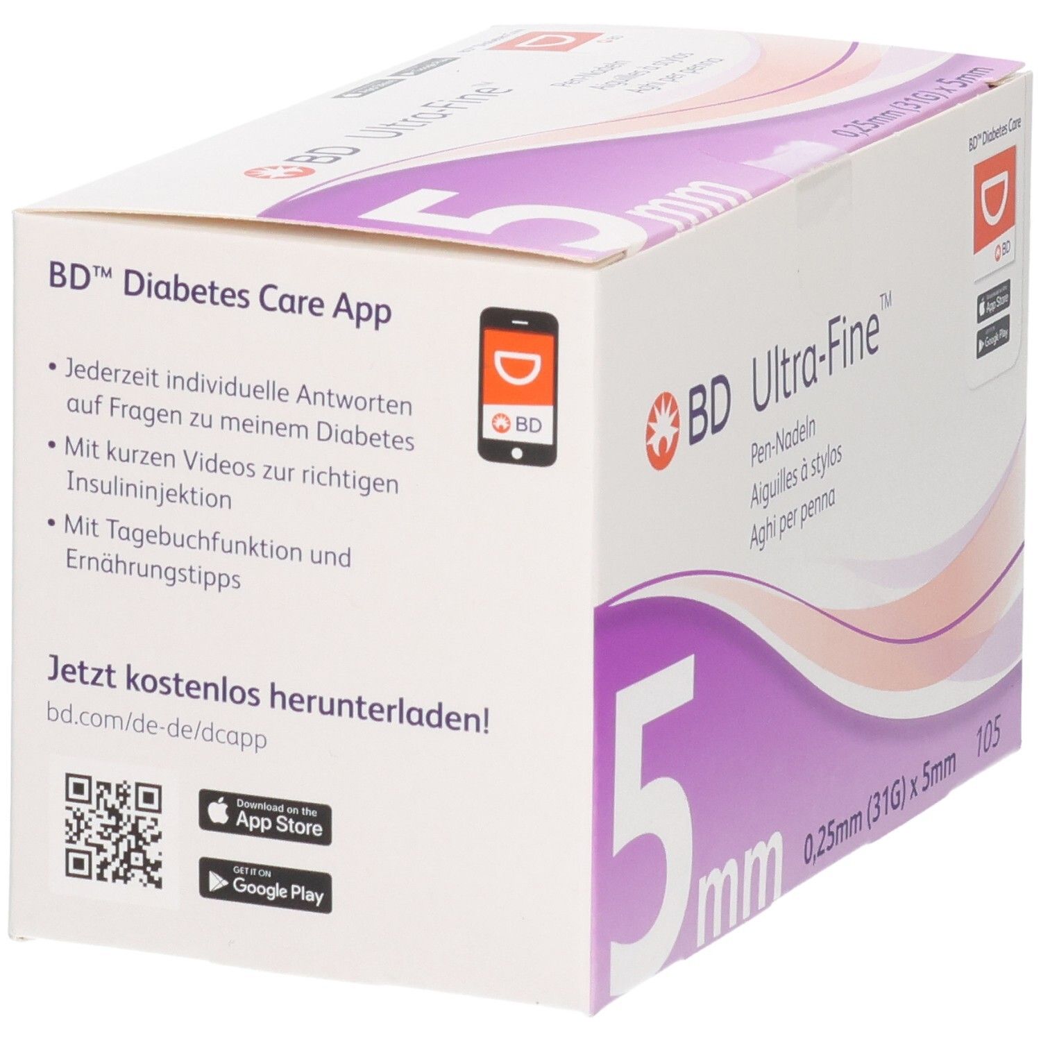 Rückseite der BD Ultra-Fine Pen-Nadeln 5mm Packung. Informationen zur BD Diabetes Care App und Download-Links.