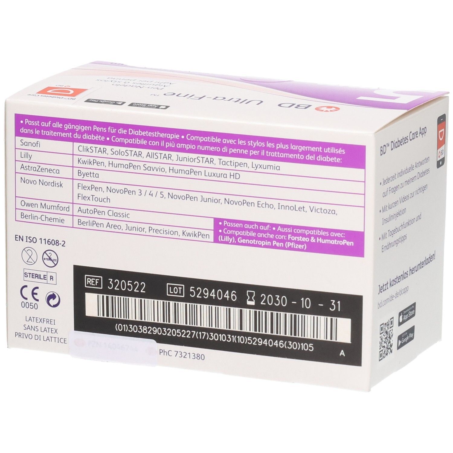 Seitenansicht der BD Ultra-Fine Pen-Nadeln 5mm Packung. Kompatibilitätsliste für Pens, CE-Kennzeichnung, EN ISO 11608-2.