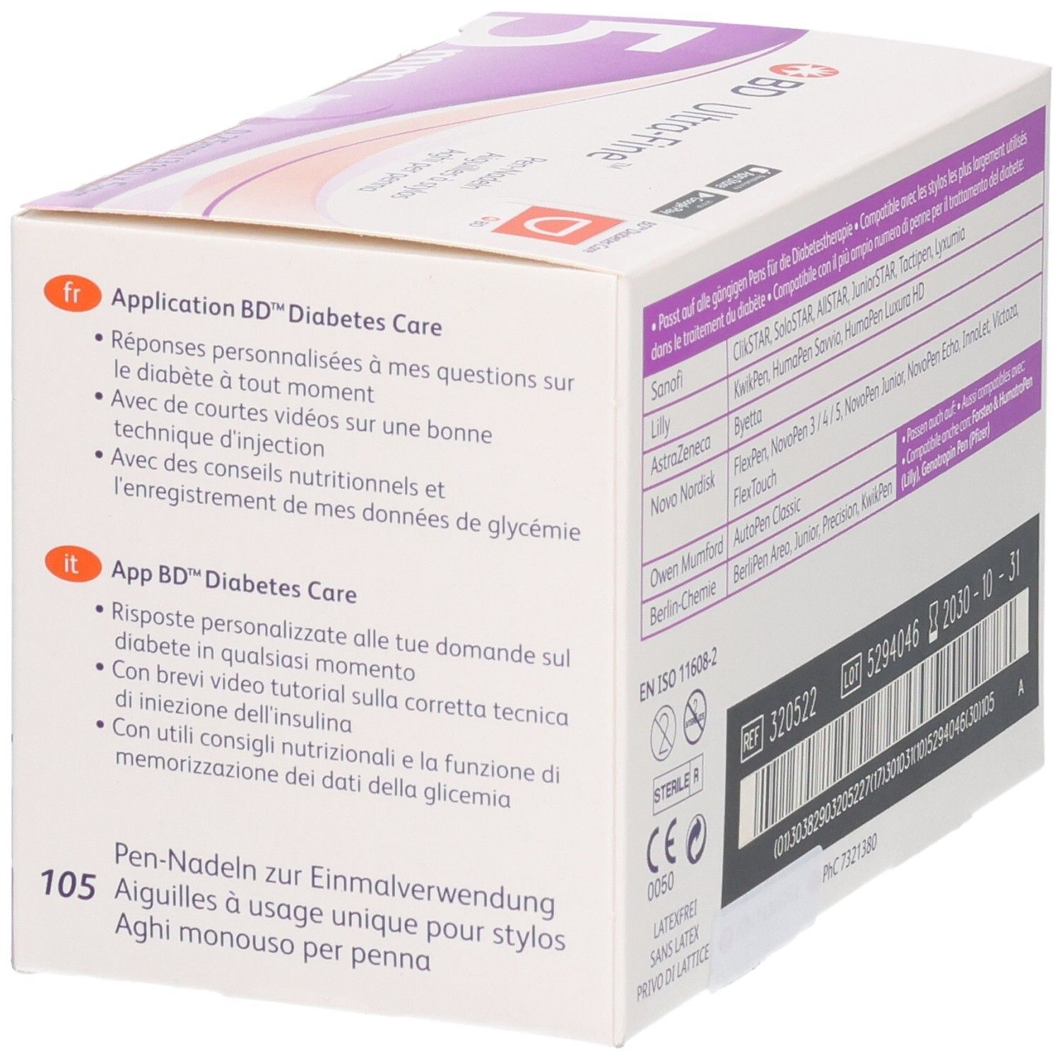Seitenansicht der BD Ultra-Fine Pen-Nadeln 5mm Packung. Informationen zur BD Diabetes Care App in Deutsch, Französisch und Italienisch.