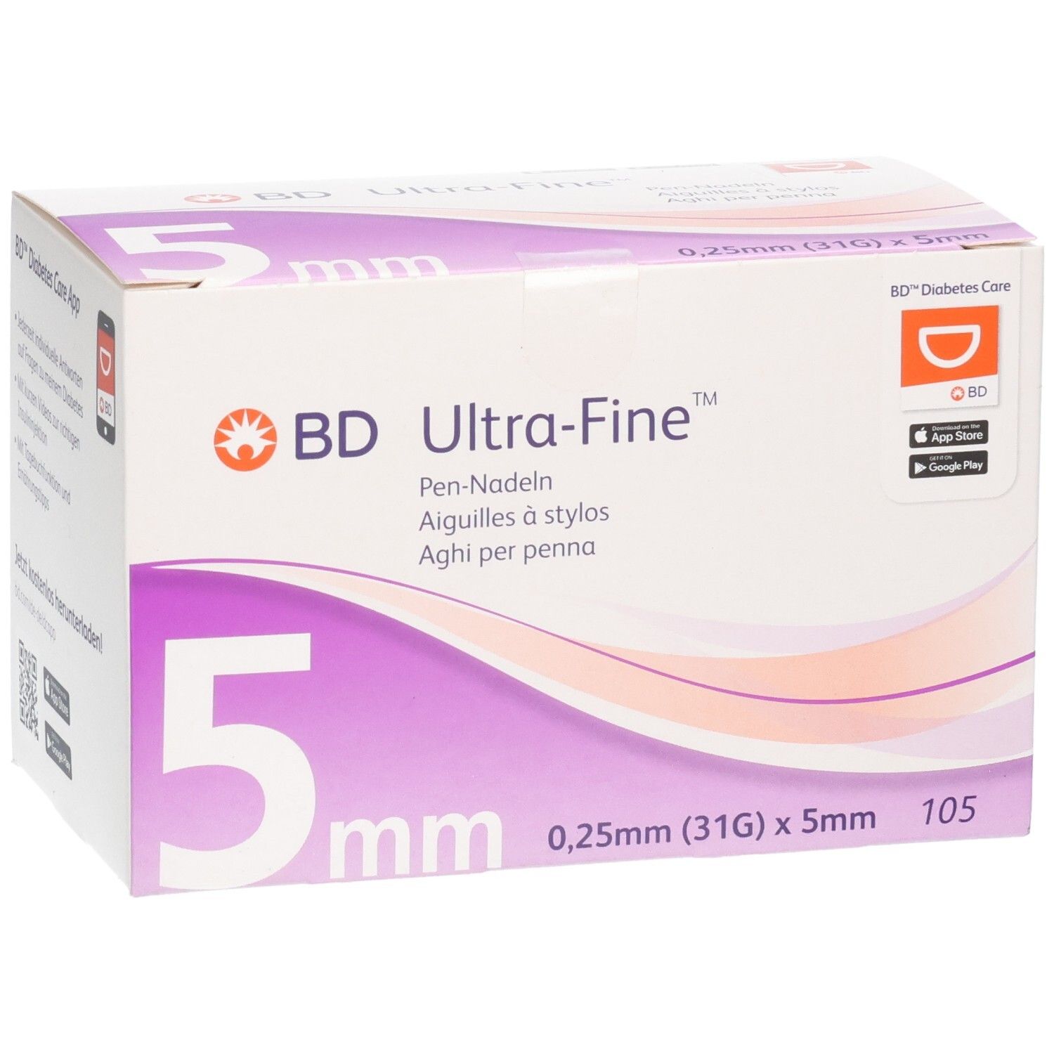 Vorderseite der BD Ultra-Fine Pen-Nadeln 5mm Packung. Zeigt die Größe 5mm und die Spezifikation 0,25mm (31G).