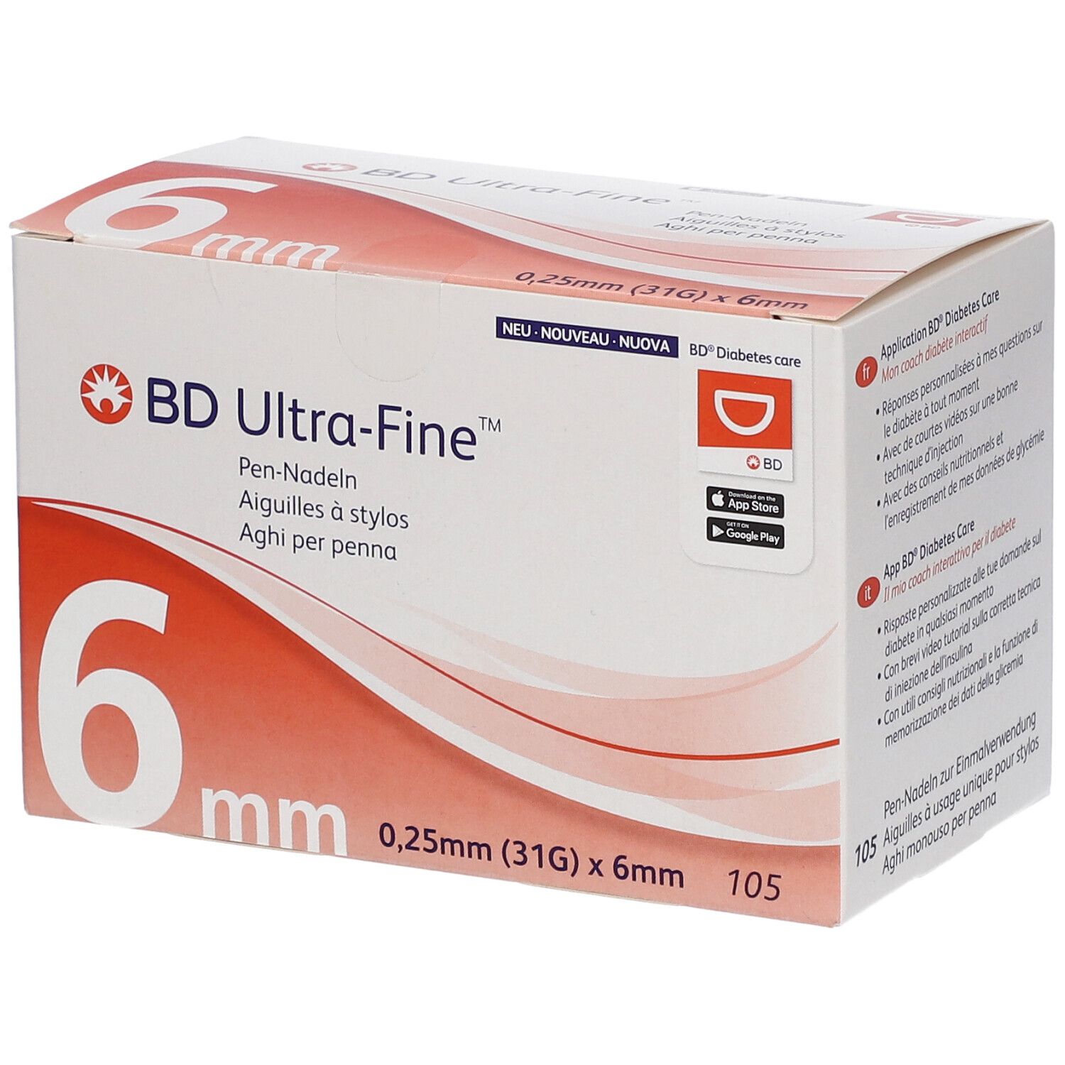 BD Ultra-Fine Pen-Nadeln 6 mm (31G) x 0,25 mm, 105 Stück