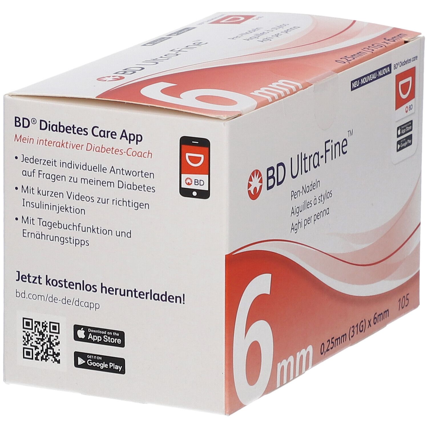 Verpackung BD Ultra-Fine Pen-Nadeln 6 mm mit Hinweis auf die BD Diabetes Care App