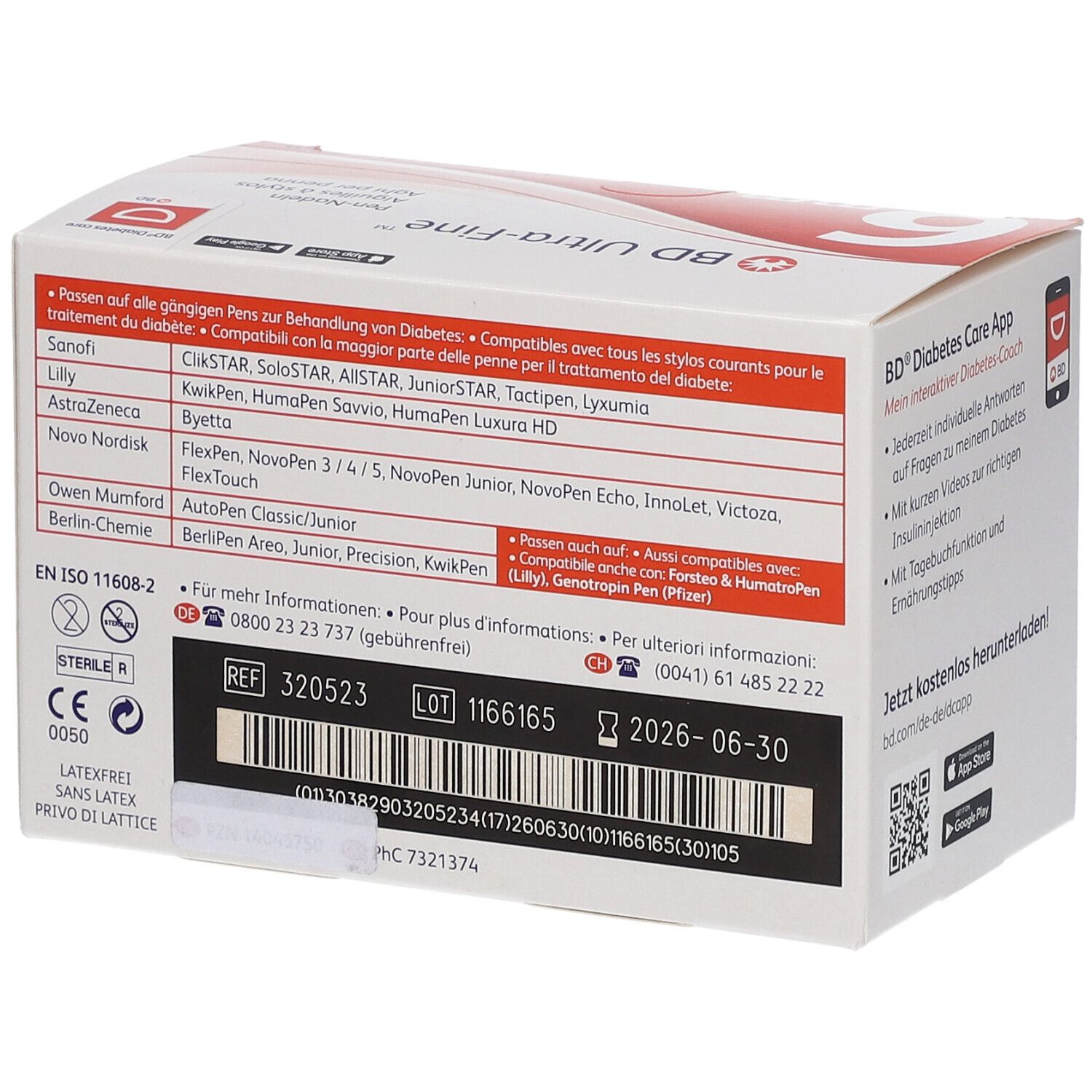 Rückseite der Verpackung BD Ultra-Fine Pen-Nadeln mit Kompatibilitätsliste und Zertifizierungen