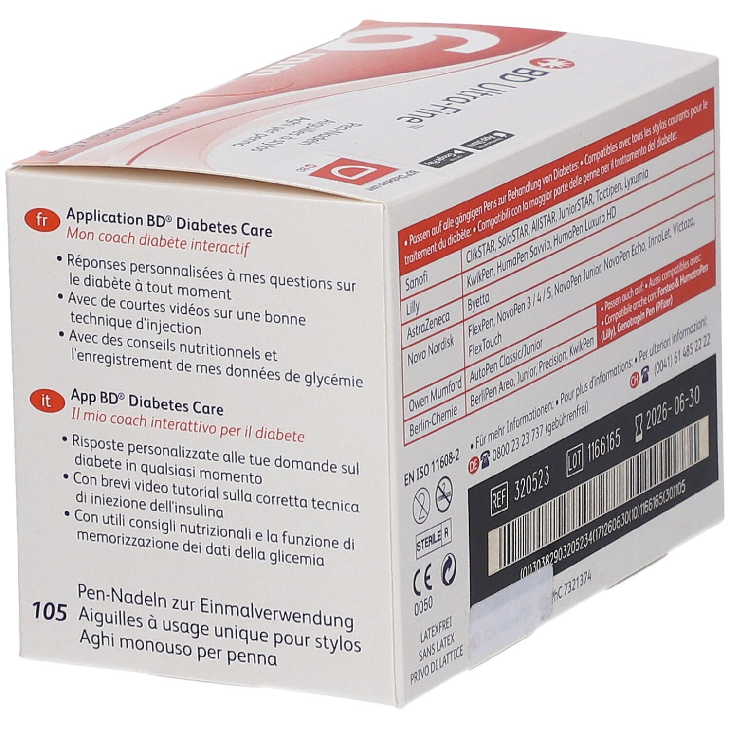 Seite der Verpackung BD Ultra-Fine Pen-Nadeln mit Anwendungshinweisen für die BD Diabetes Care App