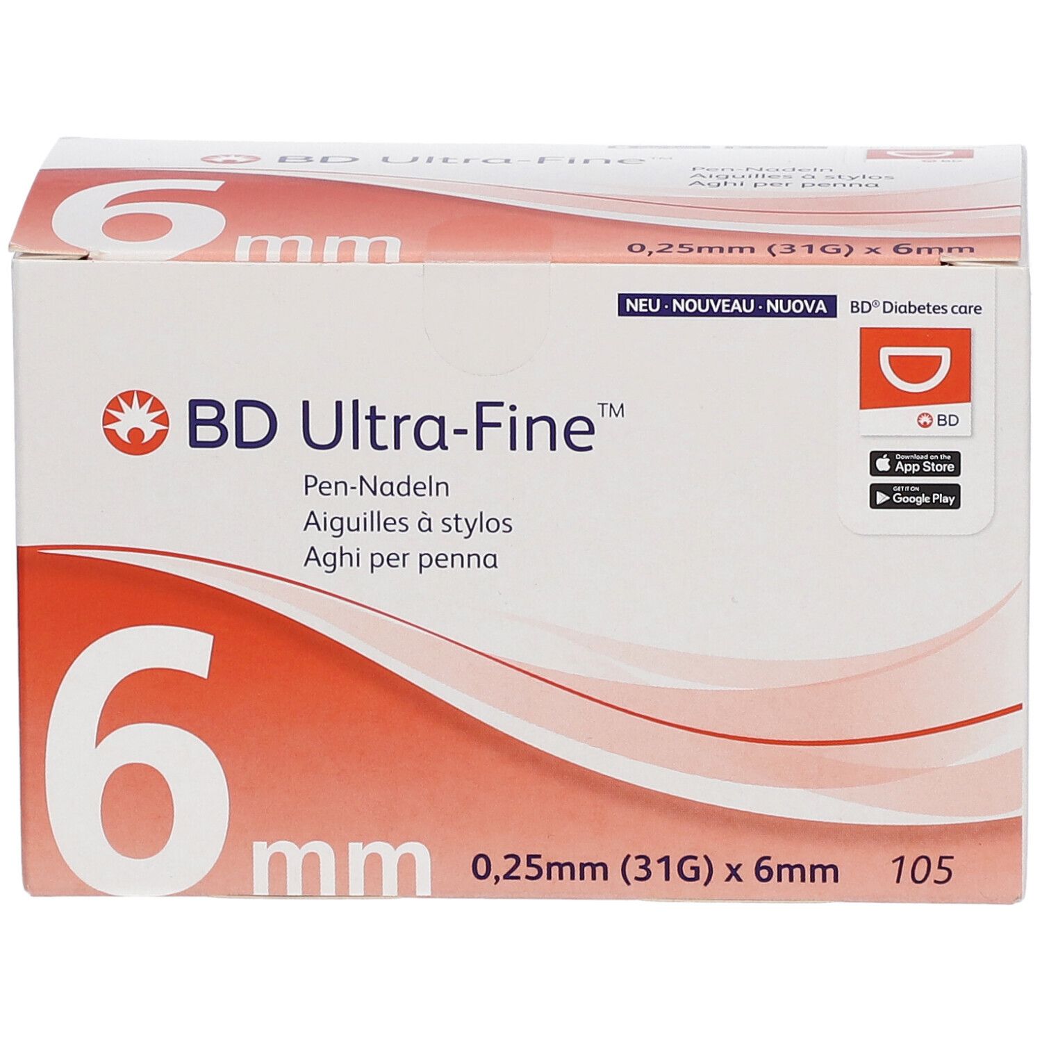 Vorderseite der Verpackung BD Ultra-Fine Pen-Nadeln 6 mm (31G) x 0,25 mm