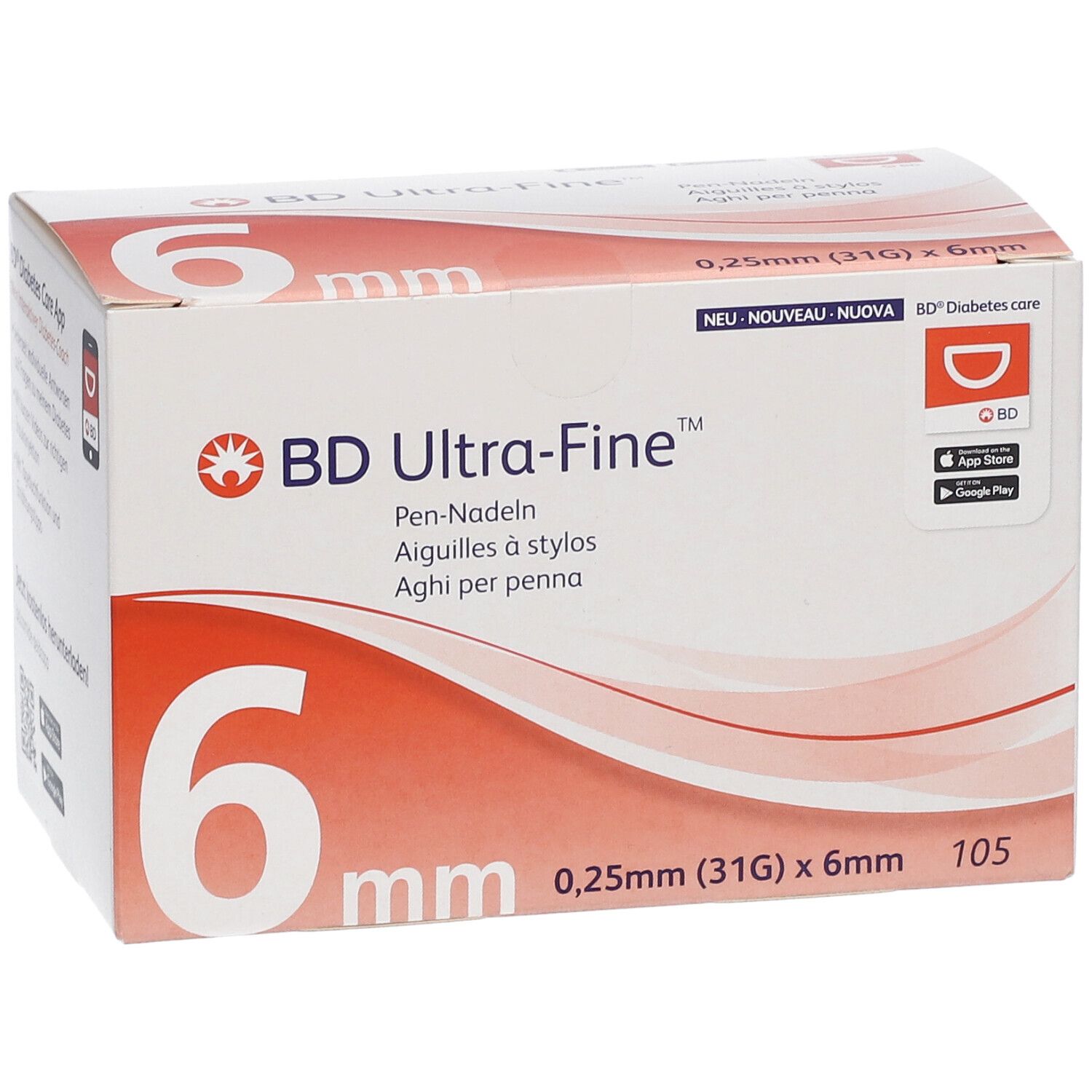 Verpackung BD Ultra-Fine Pen-Nadeln 6 mm, 0,25 mm (31G) x 6 mm, 105 Stück