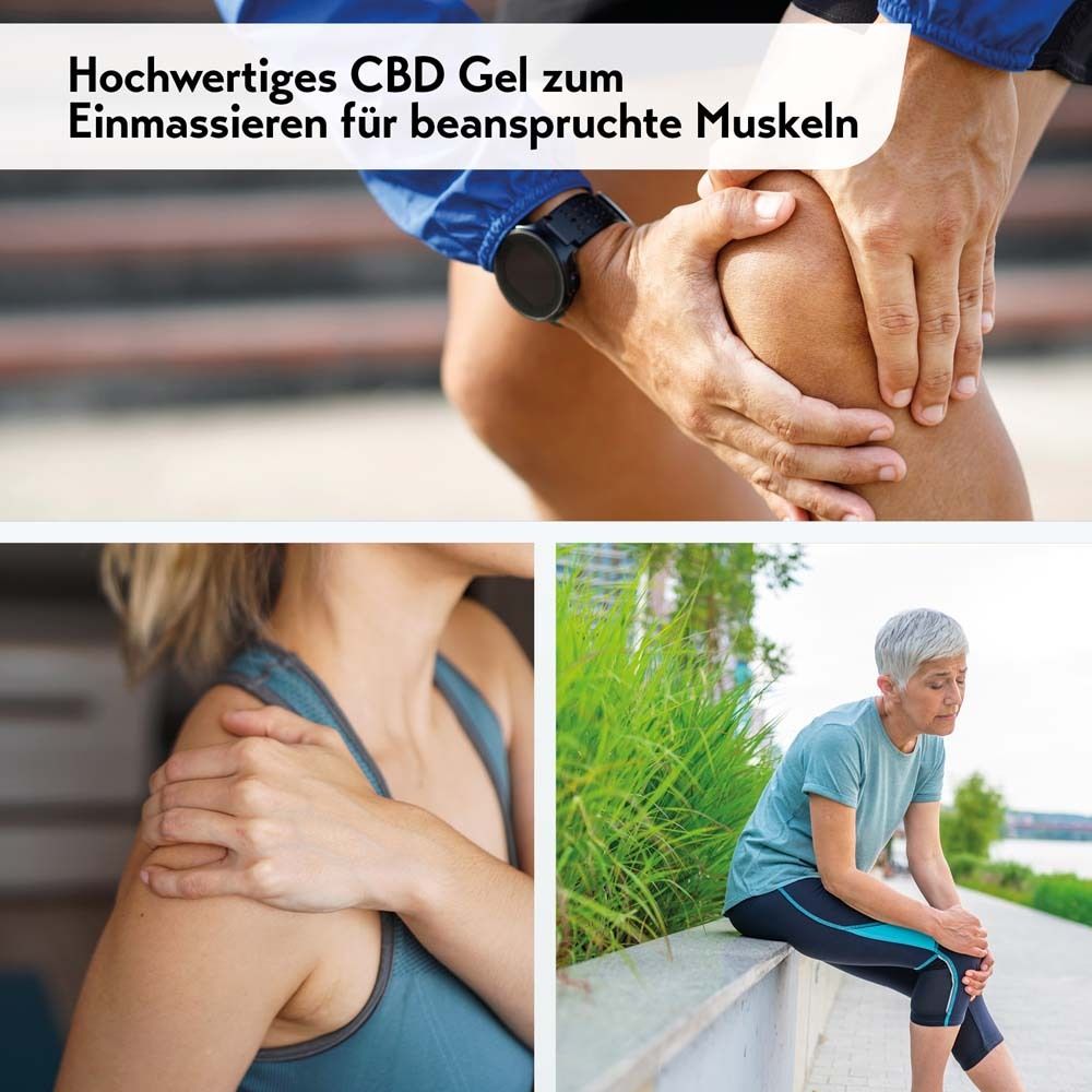 Bilder von Personen, die sich an Knie und Schulter halten. Text: Hochwertiges CBD Gel zum Einmassieren für beanspruchte Muskeln.