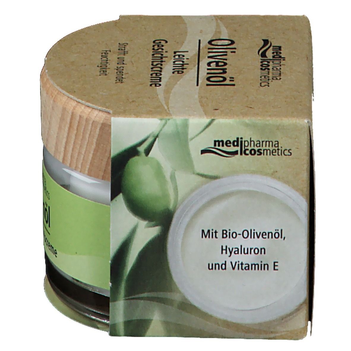 Creme-Glas mit Holzdeckel in Kartonverpackung. Aufschrift: Olivenöl Leichte Gesichtscreme, medi-pharma cosmetics. Mit Bio-Olivenöl, Hyaluron und Vitamin E.