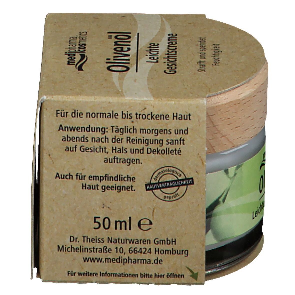 Rückseite der Kartonverpackung. Text über Anwendung, Inhaltsstoffe und Adresse. 50 ml.