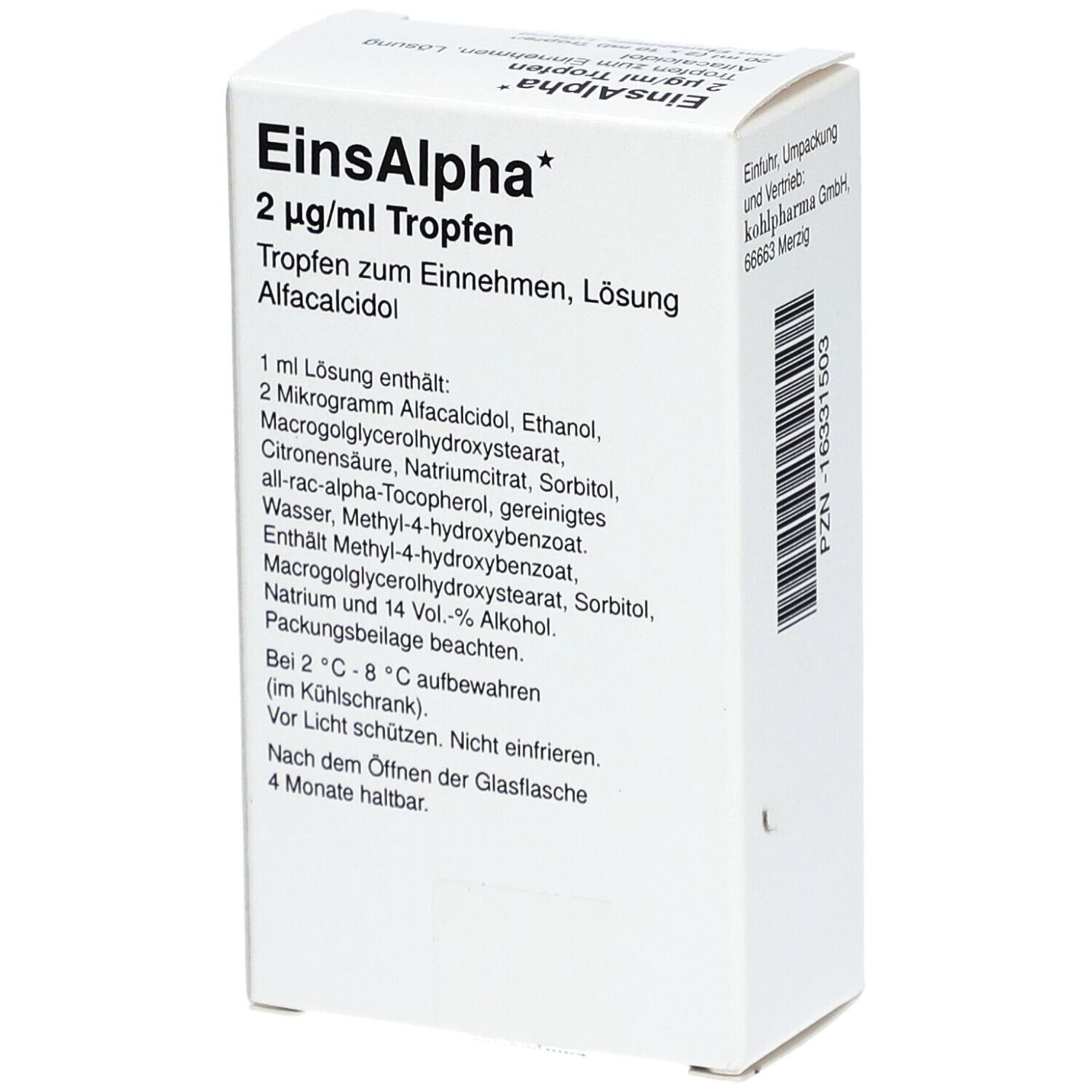 Weiße Faltschachtel mit Inhaltsangaben und Aufschrift EinsAlpha 2 µg/ml Tropfen. Enthält 20 ml (2 x 10 ml) Tropfen. Cheplapharm Logo.