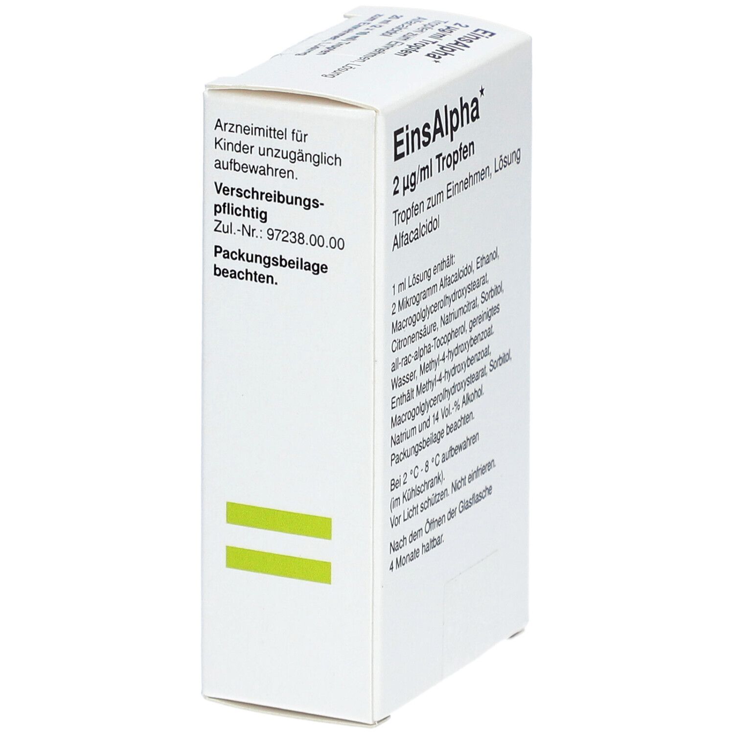 EinsAlpha 2 µg/ml Tropfen: Seitenansicht der Kartonverpackung mit Zulassungsnummer und Warnhinweisen.