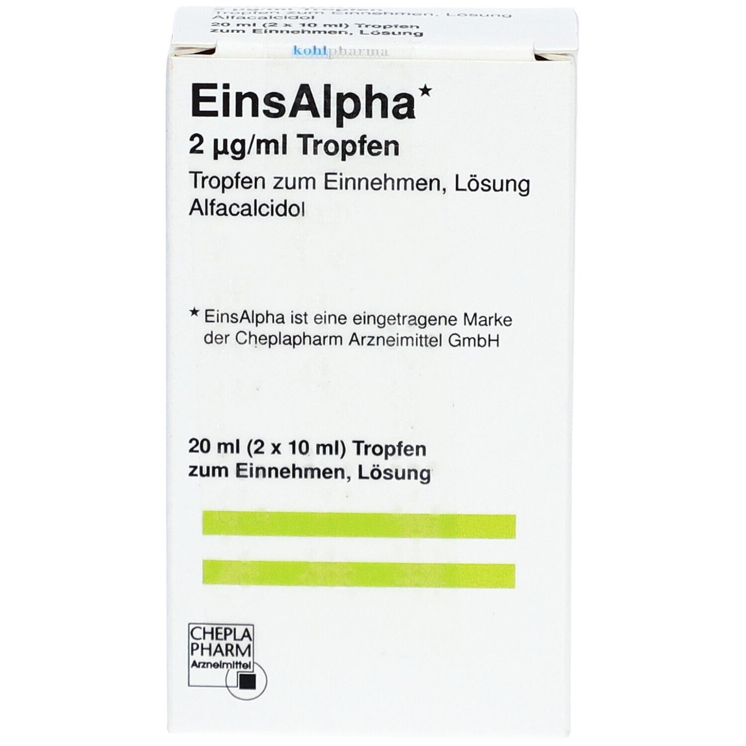 Weiße Faltschachtel mit Aufschrift EinsAlpha 2 µg/ml Tropfen. Enthält 20 ml (2 x 10 ml) Tropfen. Cheplapharm Logo.