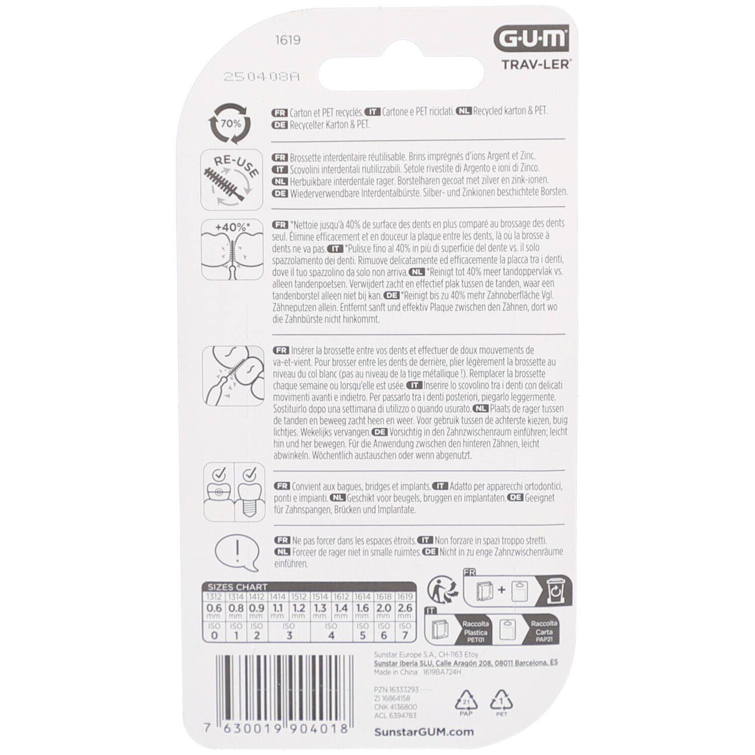 Rückseite der GUM TRAV-LER Verpackung. Text in mehreren Sprachen. Größenübersicht und Recycling-Hinweise.