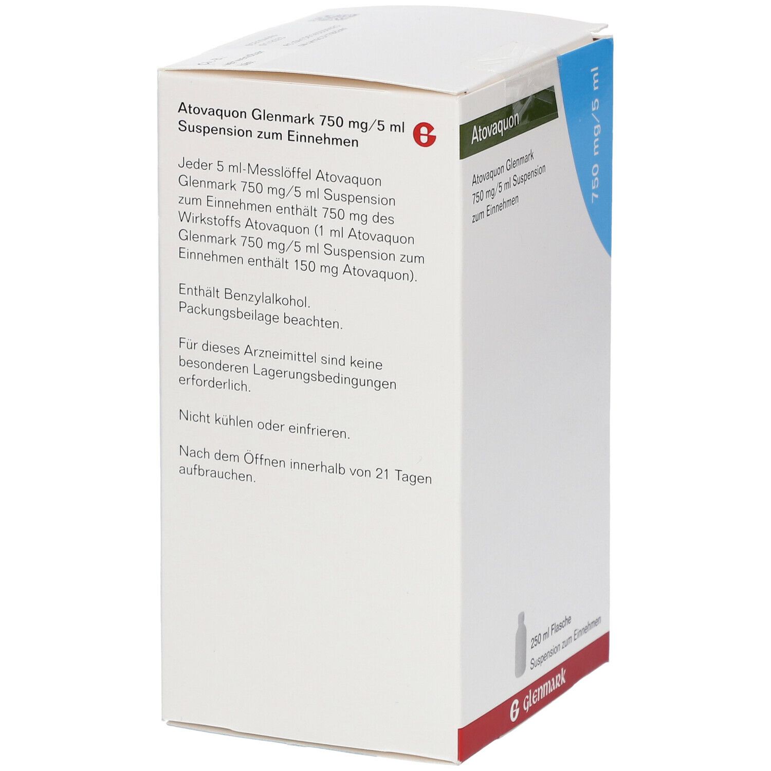 Atovaquon Glenmark 750 mg/5 ml, Suspension. Text auf der Verpackung. Glenmark Logo. Enthält Benzylalkohol. Nach dem Öffnen innerhalb von 21 Tagen.