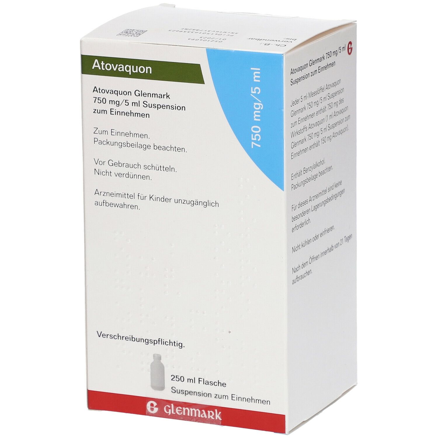 Atovaquon Glenmark 750 mg/5 ml, Suspension. Text auf der Verpackung. Verschreibungspflichtig. Glenmark Logo. 250 ml Flasche.