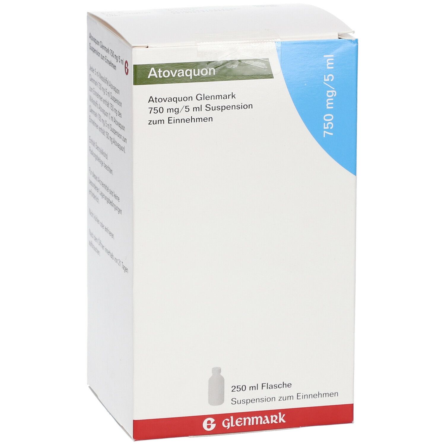 Atovaquon Glenmark 750 mg/5 ml, Suspension zum Einnehmen. Weiße Schachtel mit blauer und roter Akzentfarbe. Glenmark Logo.