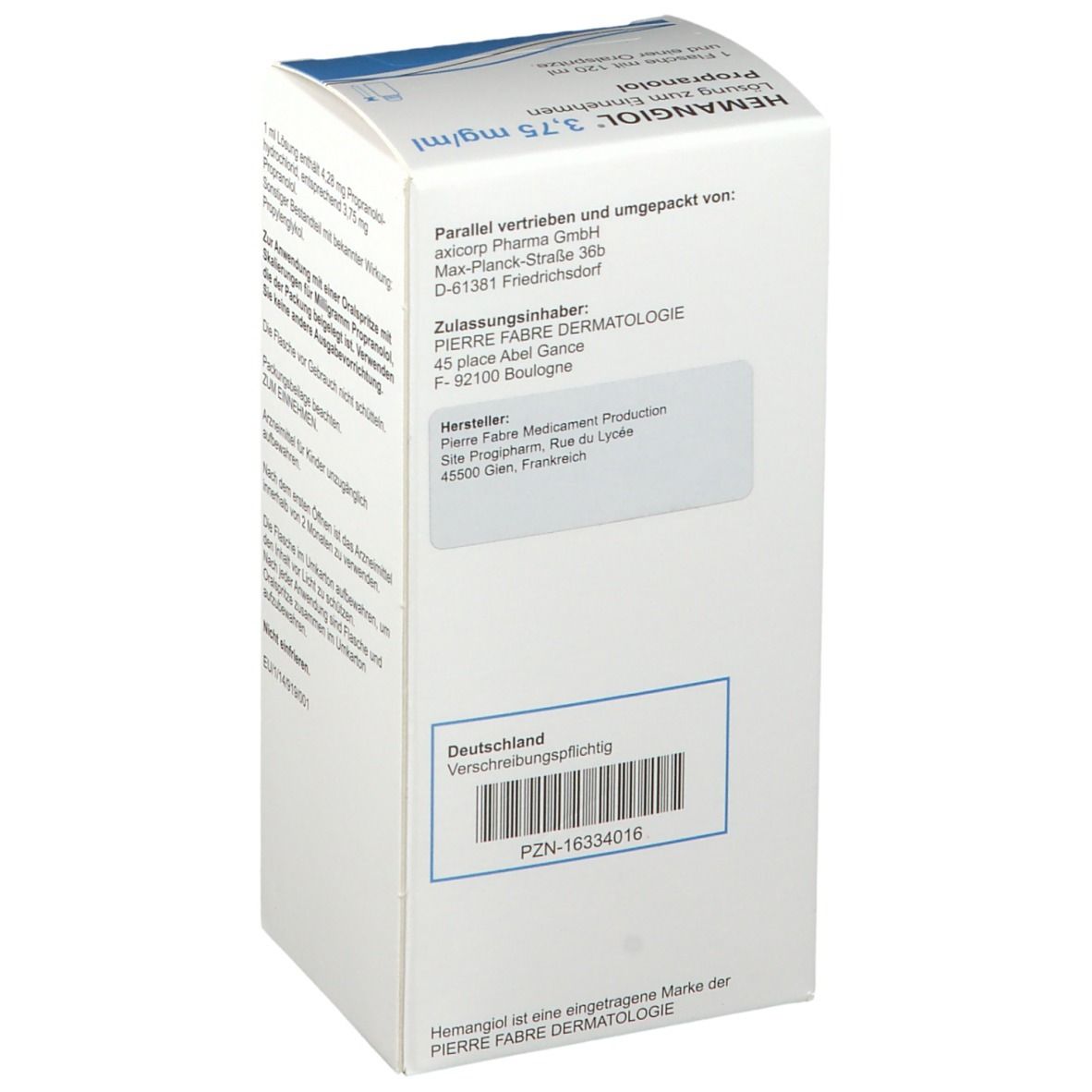 Weiße Faltschachtel mit Hemangiol 3,75 mg/ml. Rückseite mit Hersteller- und Vertriebsinformationen.