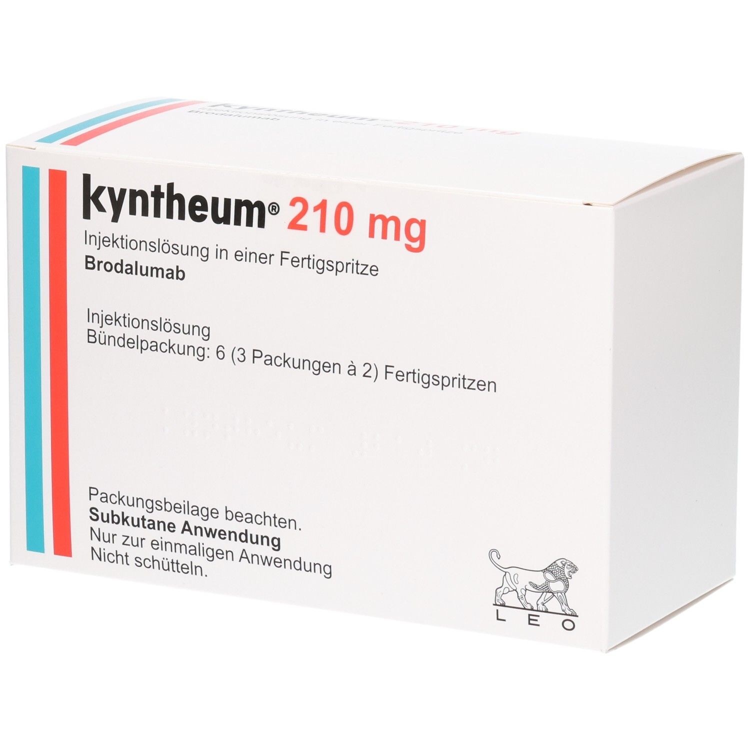 Weiße Kartonverpackung. Aufschrift: Kyntheum 210 mg Injektionslösung. Enthält 6 Packungen à 2 Fertigspritzen. Logo: Löwe.