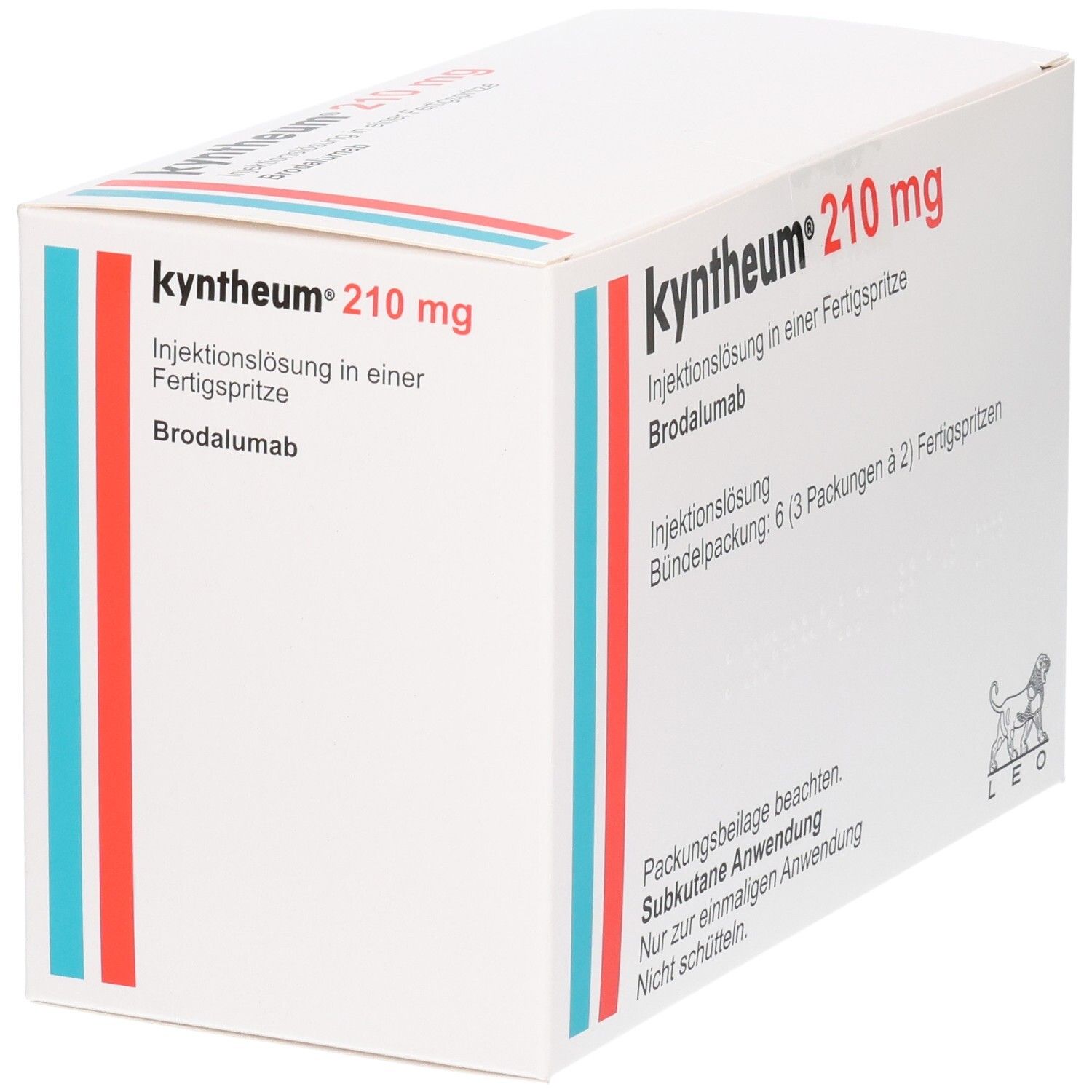 Kartonverpackung, weiß. Aufschrift: Kyntheum 210 mg Injektionslösung. Enthält 6 Packungen à 2 Fertigspritzen. Logo: Löwe.