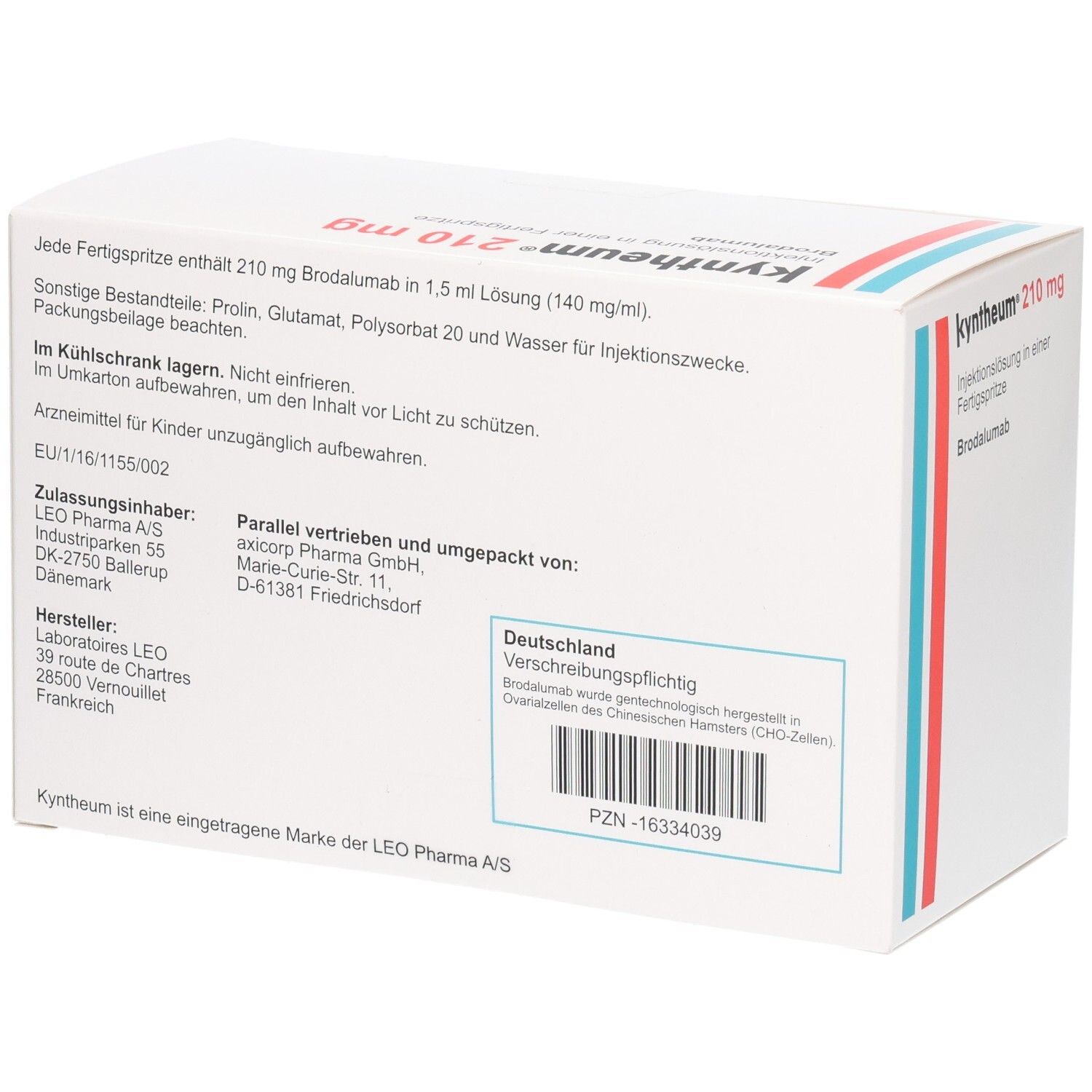 Rückseite der Kartonverpackung. Text: Kyntheum 210 mg. Enthält Brodalumab. Hersteller- und Vertriebsinformationen. Barcode.