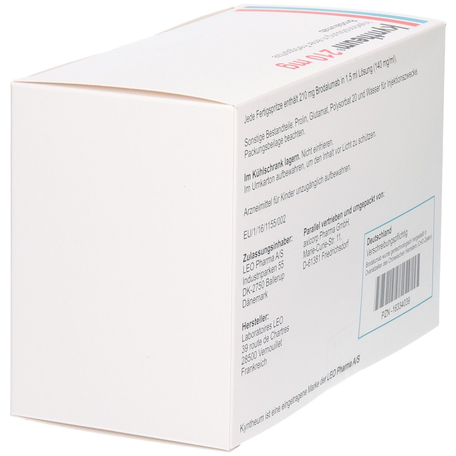 Kartonverpackung, weiß. Rückseite. Text: Kyntheum 210 mg. Hersteller- und Vertriebsinformationen. Barcode.